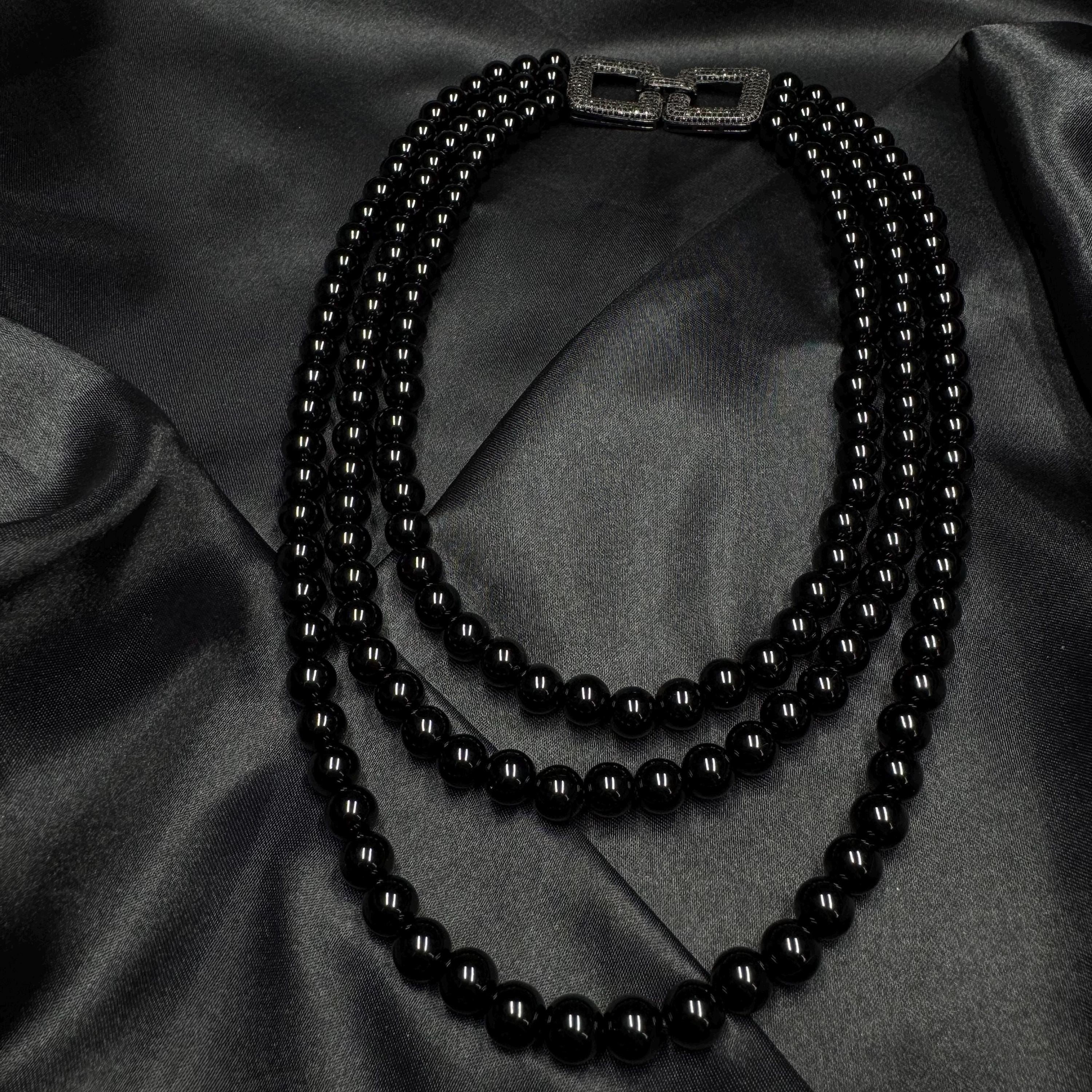 Triple Strand Black Pearl Necklace Set Elegant Costume Jewelry Layered Gothic Matching Stud Earrings Cascade Vintage Style Party Accessory