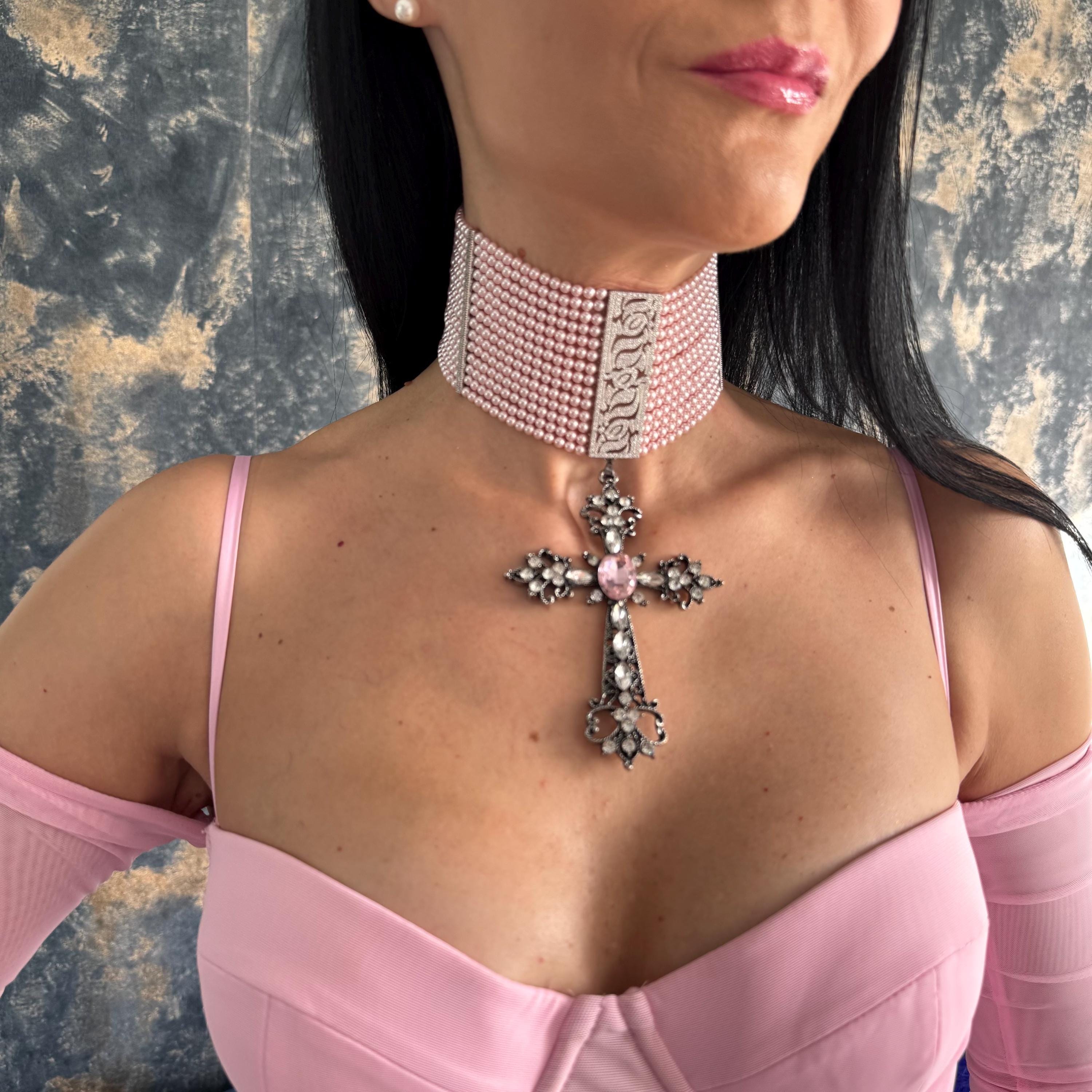 Pink Pearl Choker Gothic Necklace Statement Piece Victorian Style Crystal Cross Pendant Dramatic Baroque Design Blush Color Rhinestone Clasp Art Deco Inspired Elegant Jewelry Multiple Strand Pearl Collection Special Occasion Accessory
