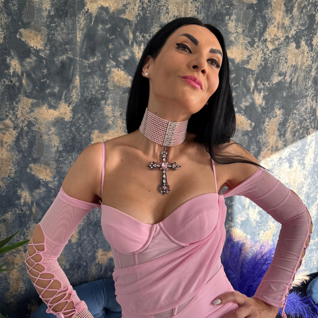 Victorian Style Choker Pink Pearl Necklace Crystal Cross Pendant Statement Jewelry Gothic Design Dramatic Piece Baroque Inspired Blush Pearl Collection Multiple Strand Construction Rhinestone Clasp Detail Art Deco Elements Special Occasion
