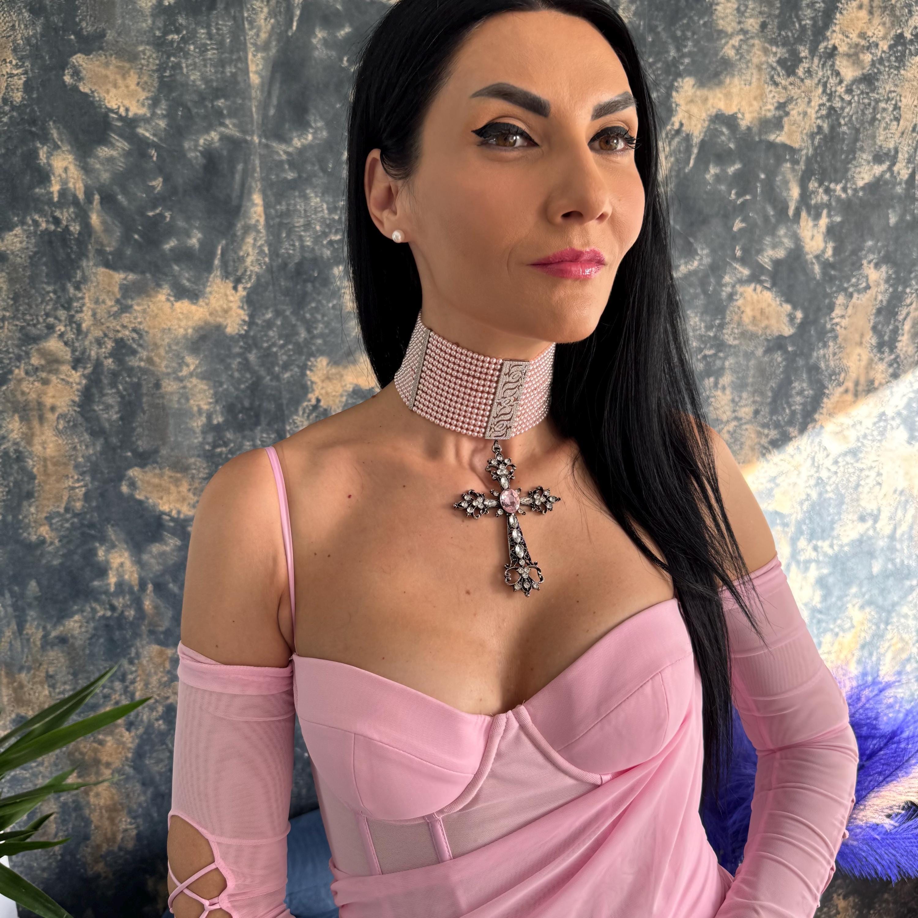 Statement Necklace Pink Pearl Choker Gothic Jewelry Victorian Inspired Design Crystal Cross Pendant Dramatic Baroque Style Blush Color Pearls Multiple Strand Construction Wedding Accessory Special Occasion Piece Elegant Evening Wear