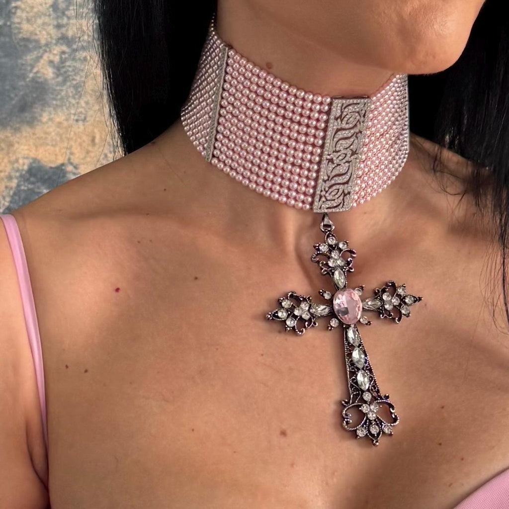Crystal Cross Pendant Pink Pearl Choker Gothic Victorian Necklace Statement Jewelry Dramatic Design Baroque Style Elements Blush Color Pearls Multiple Strand Construction Rhinestone Clasp Detail Art Deco Inspired Special Occasion Accessory