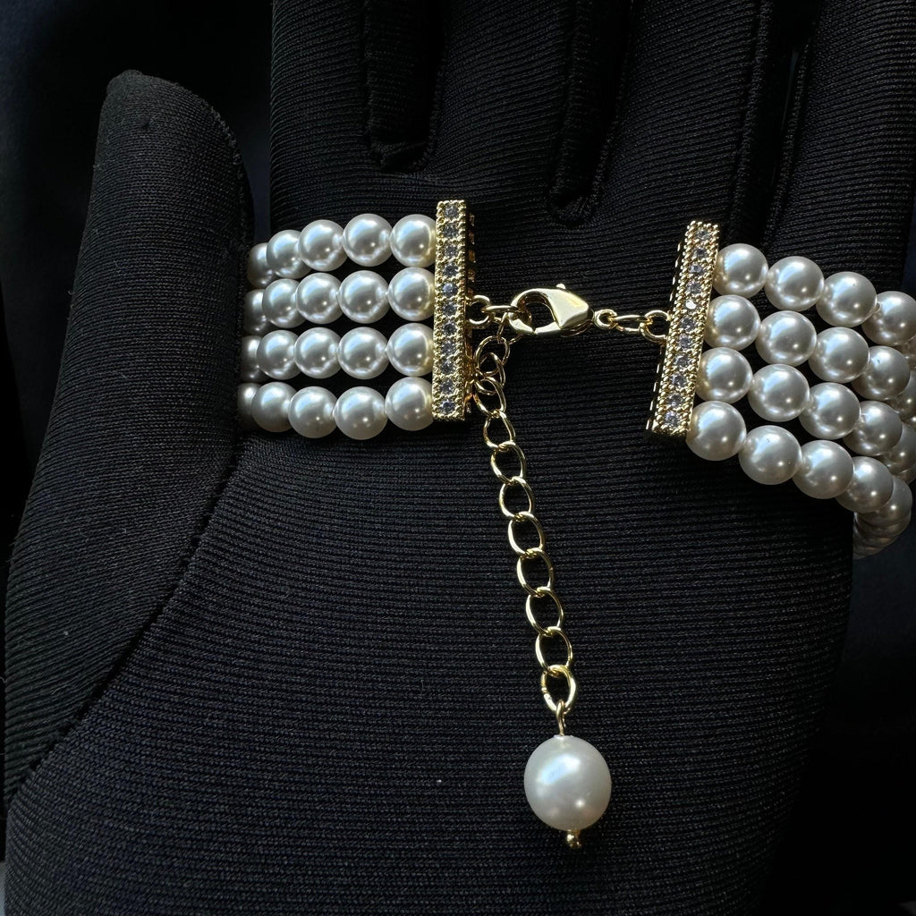 Layered Pearl Bracelet Vintage Style Wedding Accessory Bride Crystal Jewelry Statement Piece Multi Layer Elegant Design Bridal Wrist Costume