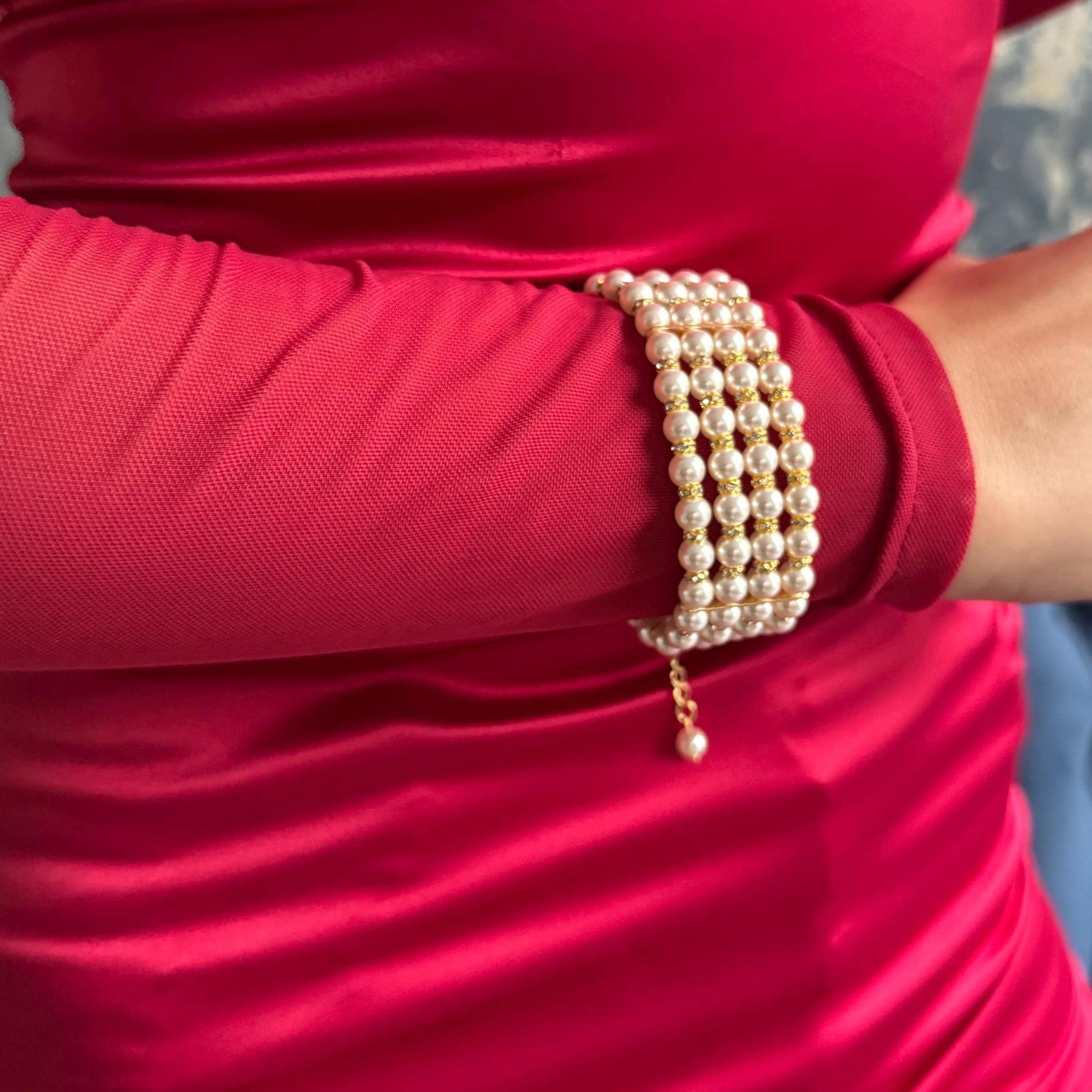 Vintage Style Pearl Bracelet Wedding Jewelry Statement Piece Four Layer Design Bridal Wrist Accessory Crystal Pearls Elegant Finish Rhinestone Embellished Classic Cuff Bracelet Formal Event Jewelry Wedding Collection Piece Timeless Design