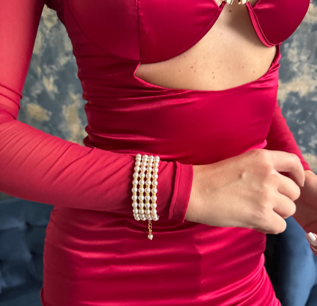 Multi Layer Pearl Bracelet Crystal Beads Four Strand Design Wedding Jewelry Collection Bridal Accessory Formal Occasion Wear Classic Vintage Style Statement Piece Elegant Wrist Jewelry Premium Quality Construction Gold Clasp Option White