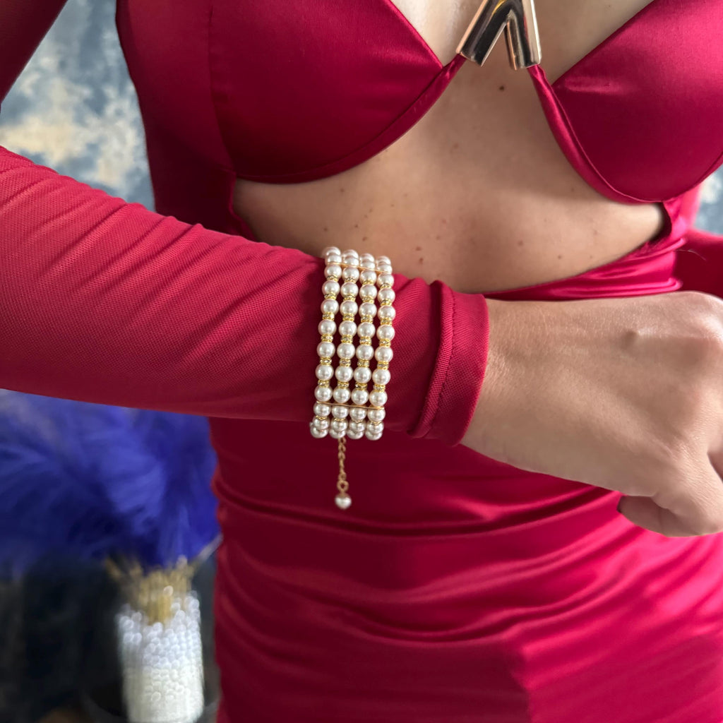 Elegant Pearl Bracelet Four Layer Design Bridal Jewelry Collection Wedding Accessory Statement Piece Crystal Pearls Rhinestone Embellished Classic Vintage Style Formal Occasion Wear White Pearl Finish Premium Quality Construction Perfect