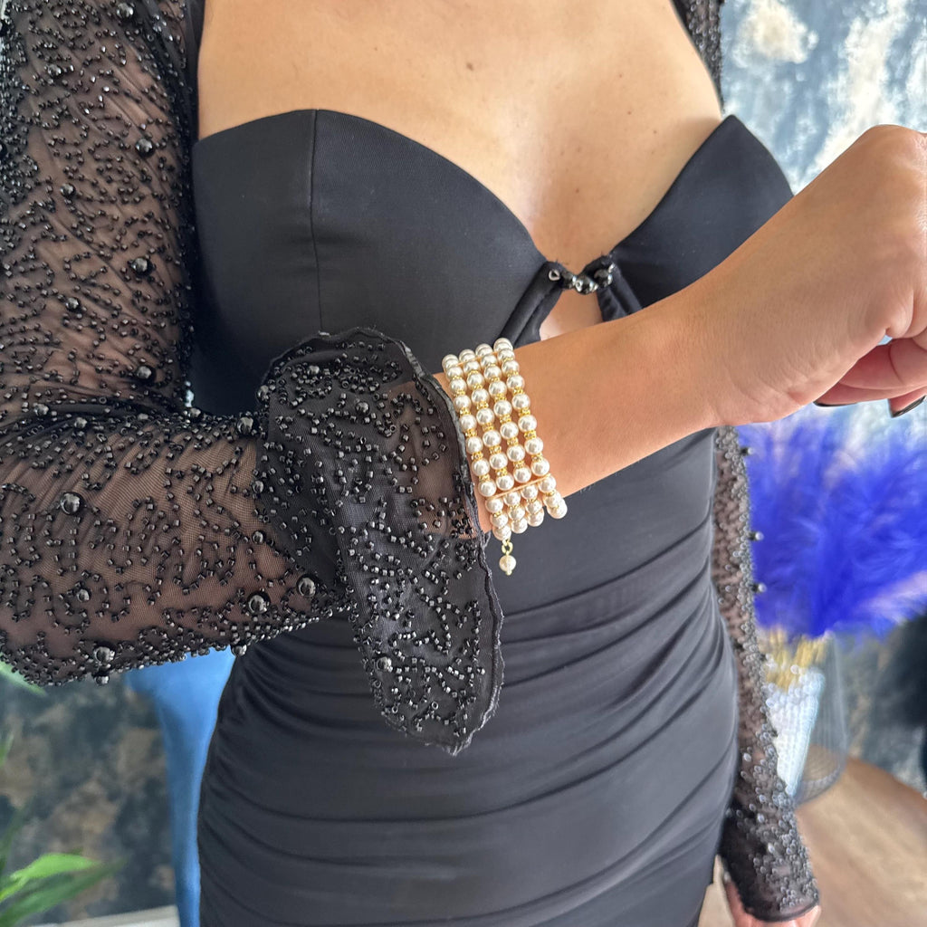 Layered Pearl Bracelet Rhinestone Bride Accessory Wedding Jewelry Formal Occasion Vintage Style Statement Piece Costume Jewellery Multi Row