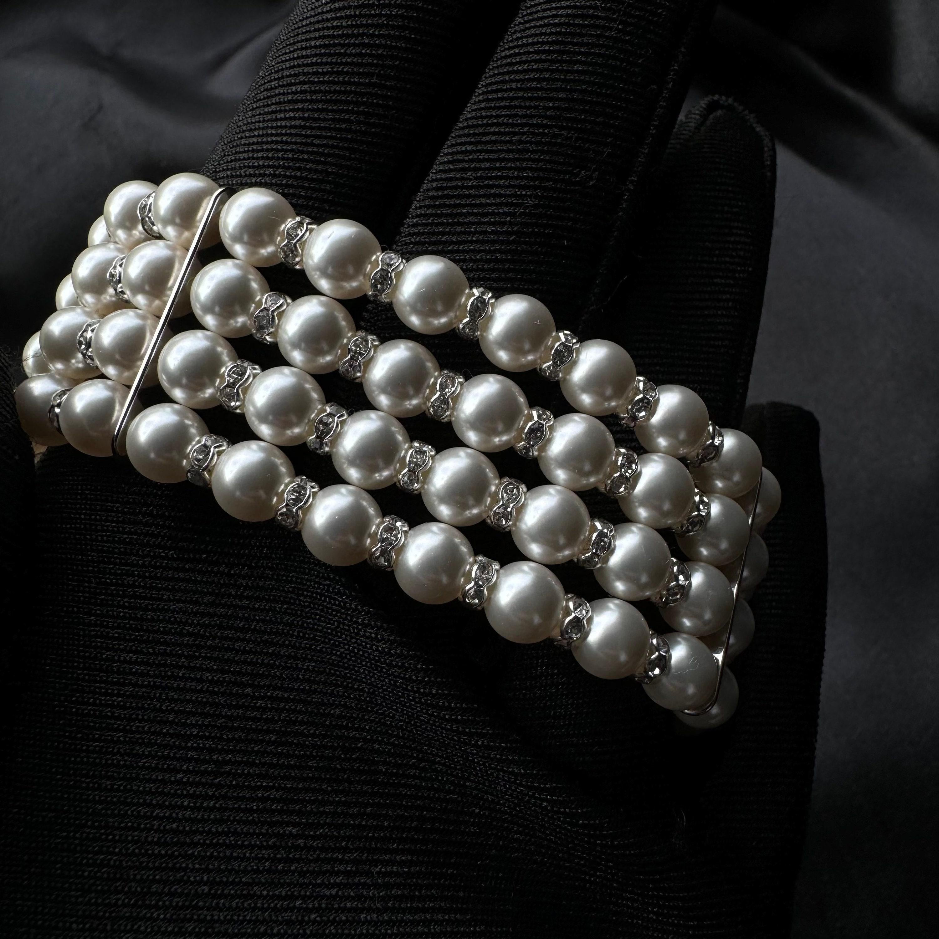 Layered Pearl Bracelet Rhinestone Bride Accessory Wedding Jewelry Formal Occasion Vintage Style Statement Piece Costume Jewellery Multi Row