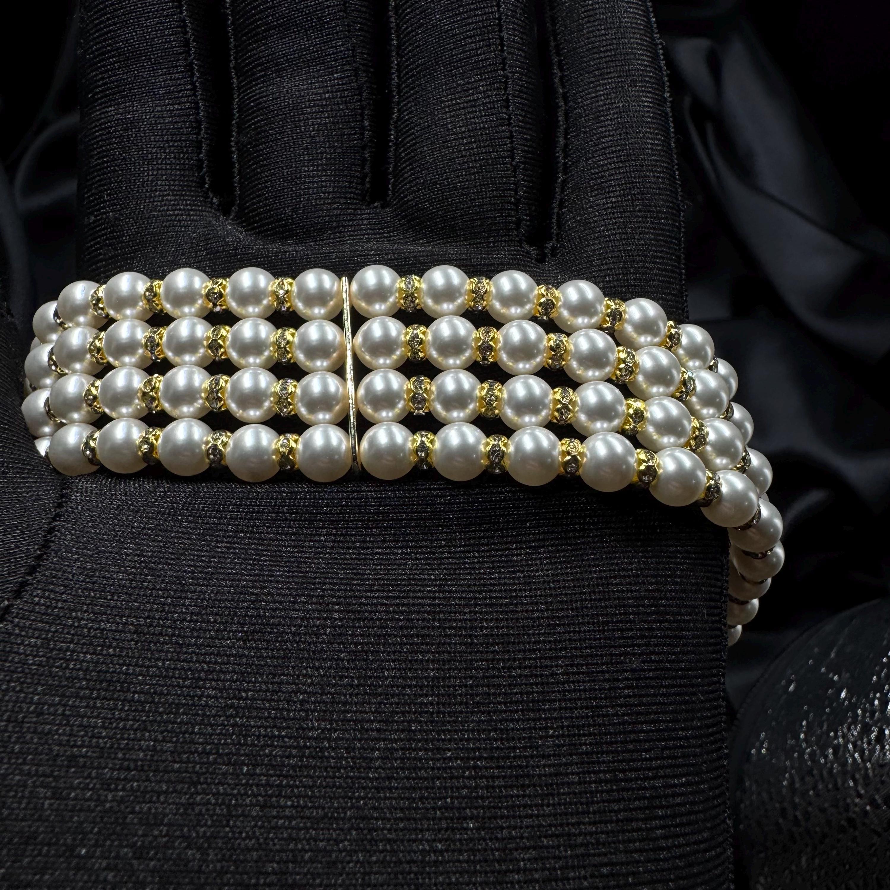 Layered Pearl Bracelet Rhinestone Bride Accessory Wedding Jewelry Formal Occasion Vintage Style Statement Piece Costume Jewellery Multi Row