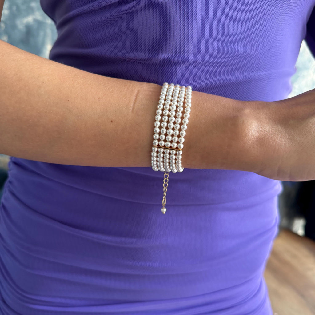 Dainty Wedding Bracelet Pearl Bridal Jewelry White Crystal Accessory Elegant Layered Design Handmade Cuff Formal Event Wristlet Statement Piece Multistrand Collection Luminous Pearl Arrangement Lightweight Comfortable Wedding Day Essential
