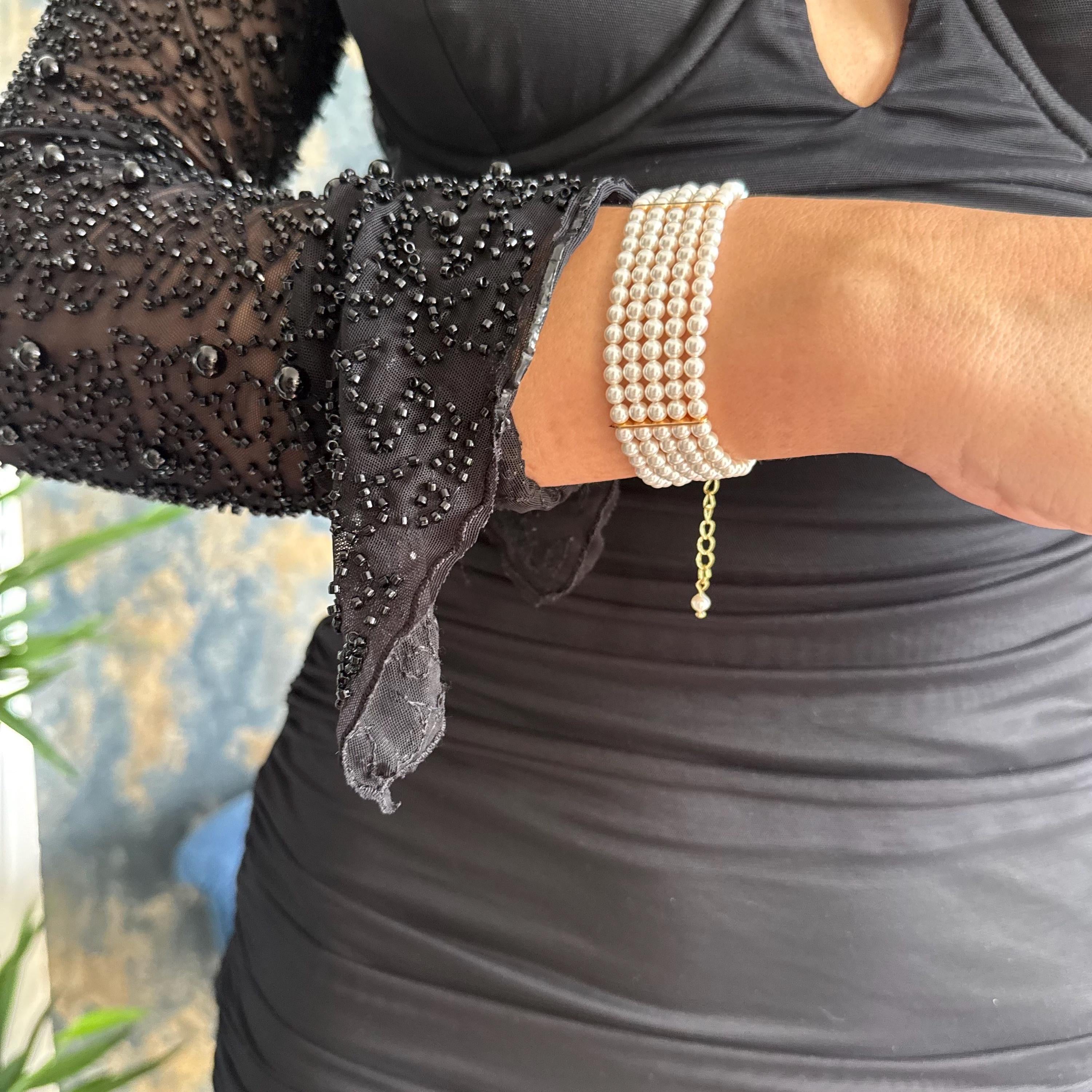 Pearl Wedding Bracelet Bride Accessory White Layered Design Elegant Cuff Bridal Jewelry Handmade Piece Dainty Wristlet Formal Event Crystal