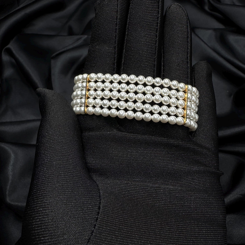 Pearl Wedding Bracelet Bride Accessory White Layered Design Elegant Cuff Bridal Jewelry Handmade Piece Dainty Wristlet Formal Event Crystal