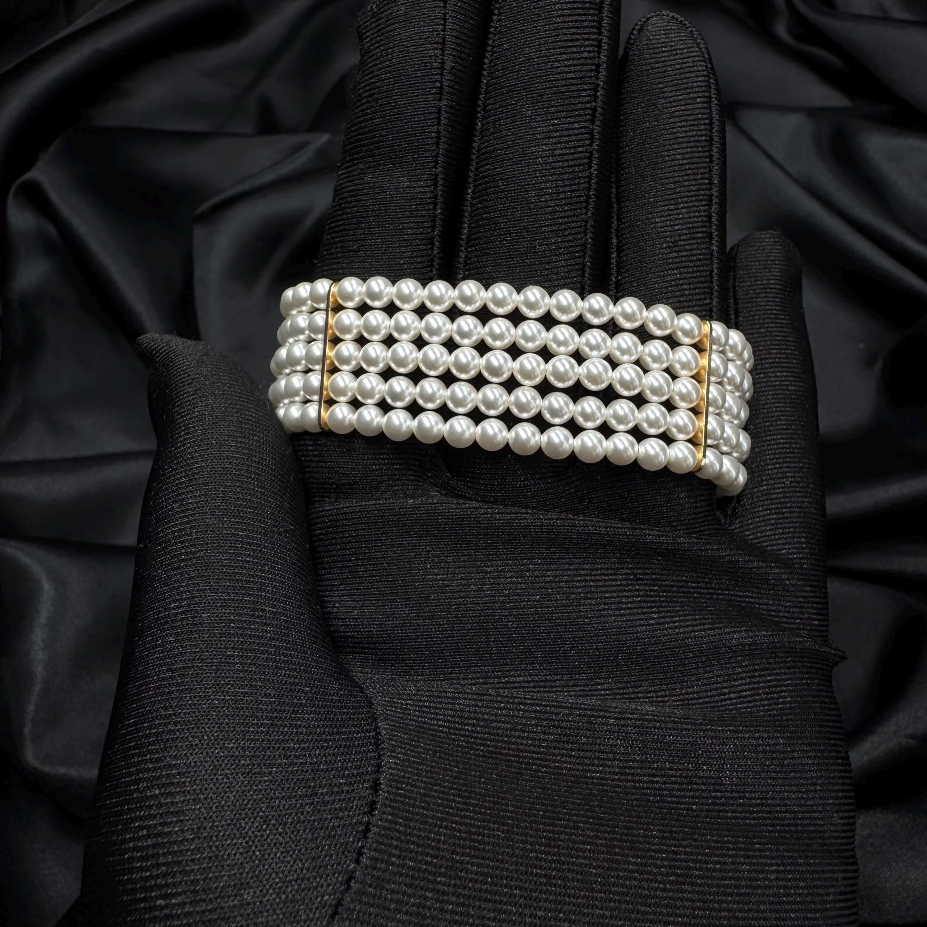 Pearl Wedding Bracelet Bride Accessory White Layered Design Elegant Cuff Bridal Jewelry Handmade Piece Dainty Wristlet Formal Event Crystal
