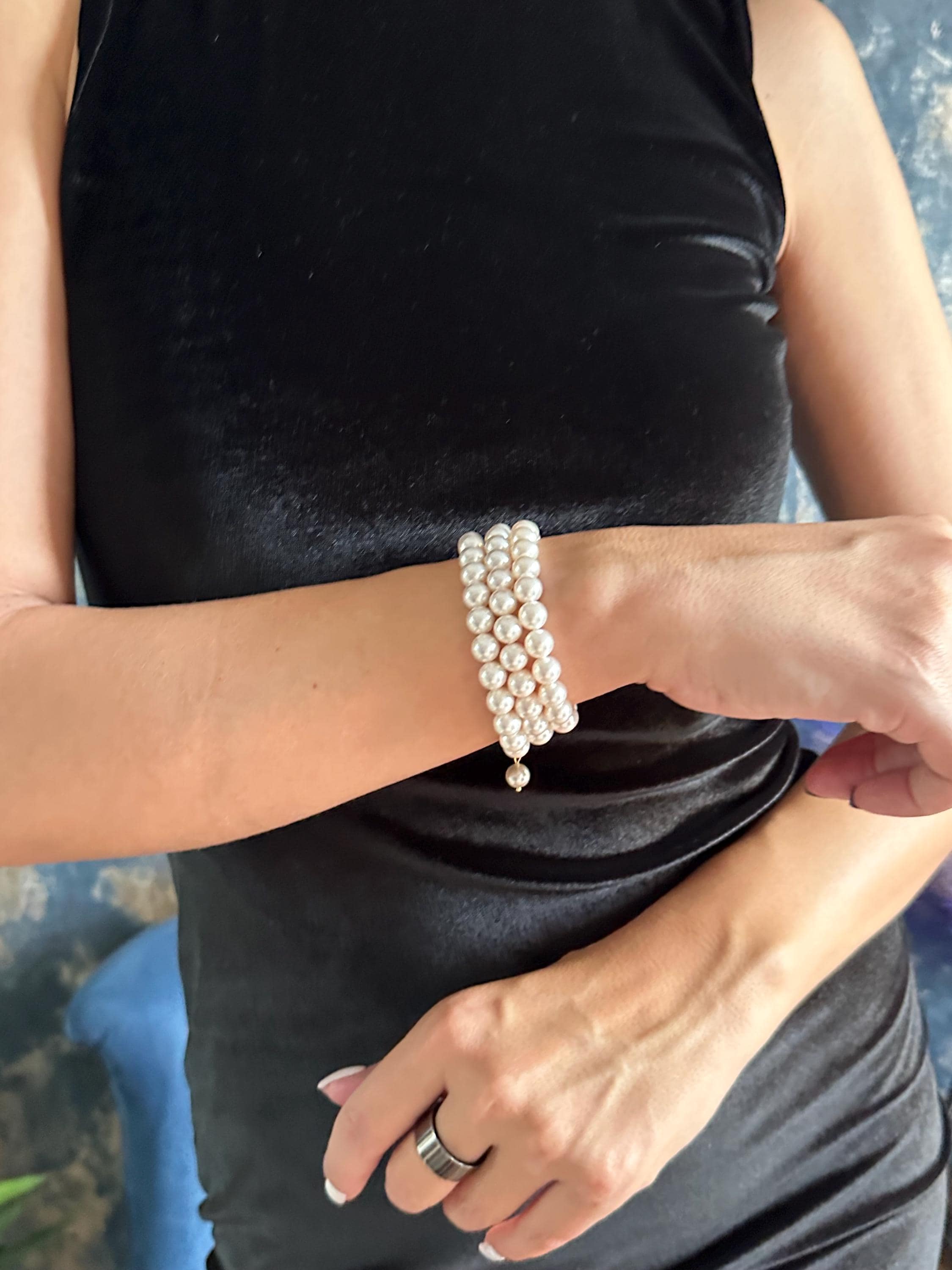 Layered Pearl Bracelet Wedding Jewelry Bridal Accessory Three Strand Design Crystal Pearls Elegant Statement Piece Gold Plated Clasp Premium Quality Craftsmanship Formal Event Jewelry Special Occasion Piece Timeless Elegance Classic Design