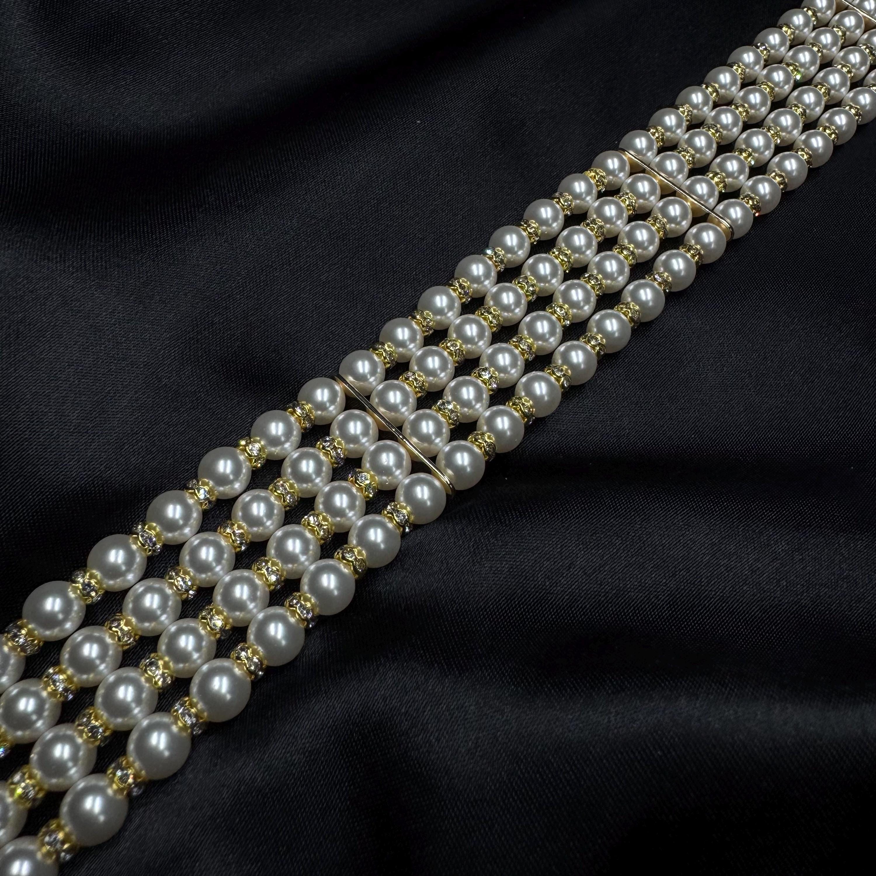 Layered Pearl Choker Necklace Bridal Statement Crystal Jewelry Wedding Accessory White Multi Strand Rhinestone Elegance Formal Tiered Design