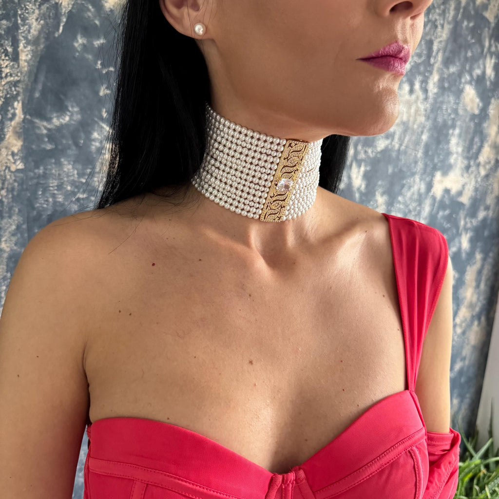 Multi Strand Collar Necklace Wedding Day Bridal Jewelry Statement Piece Shiny Detail Custom Made Formal Wear Gothic Style Wide Pearl Choker