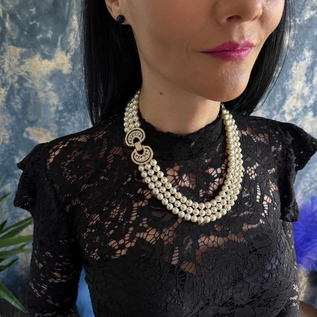 Luxury Formal Accessory Triple Strand Pearl Necklace Vintage Layered Design Statement Piece Wedding Jewelry Elegant Style Ivory Crystal Beads Rhinestone Clasp Gold Embellished Finish Special Occasion Gift Sophisticated Fashion Addition