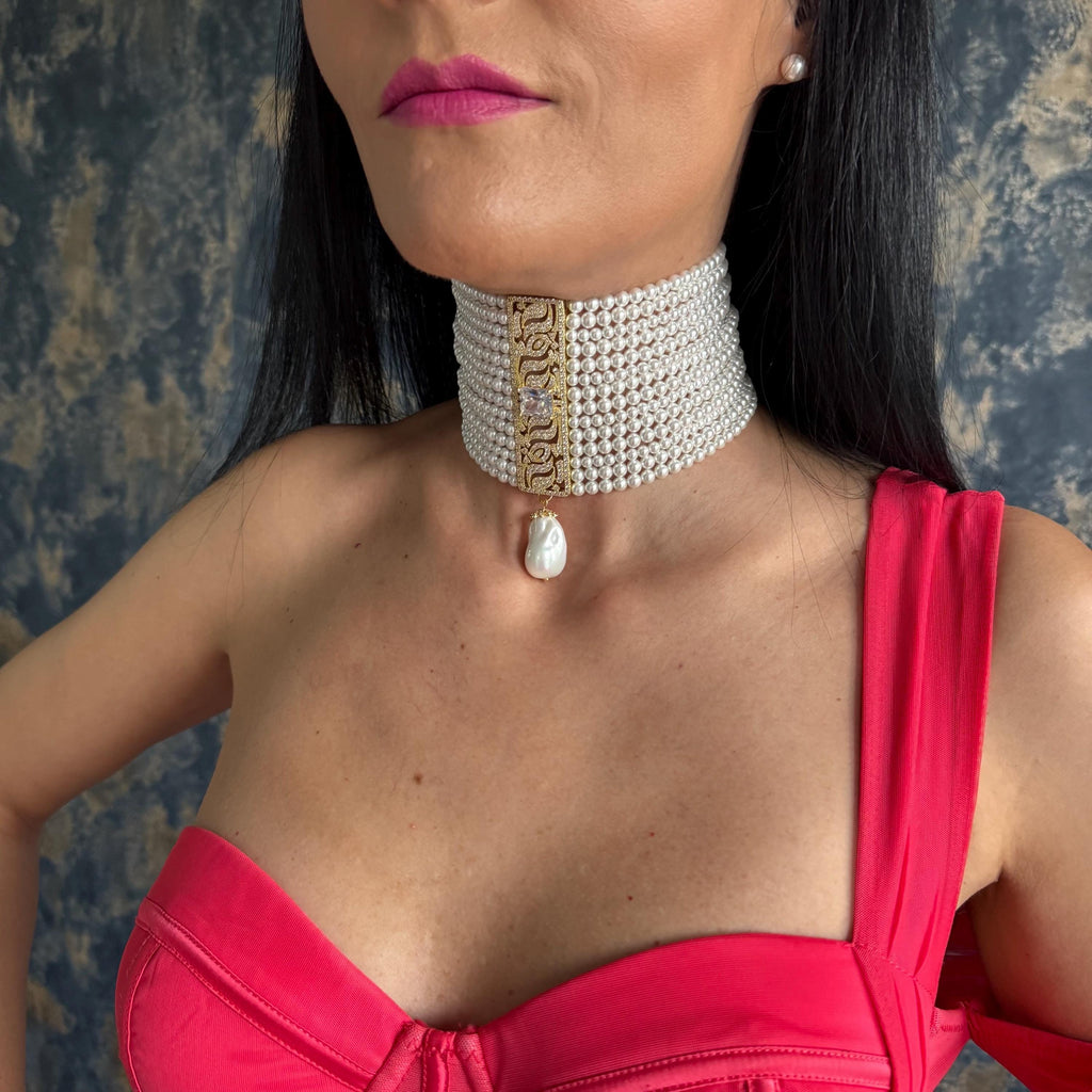 Multi Strand Pearl Choker Elegant Necklace Design Victorian Style Collection Statement Piece Wedding Jewelry Bridal Accessory Formal Event Essential Teardrop Pendant Feature Shell Pearl Material Luxury Construction Sophisticated Evening