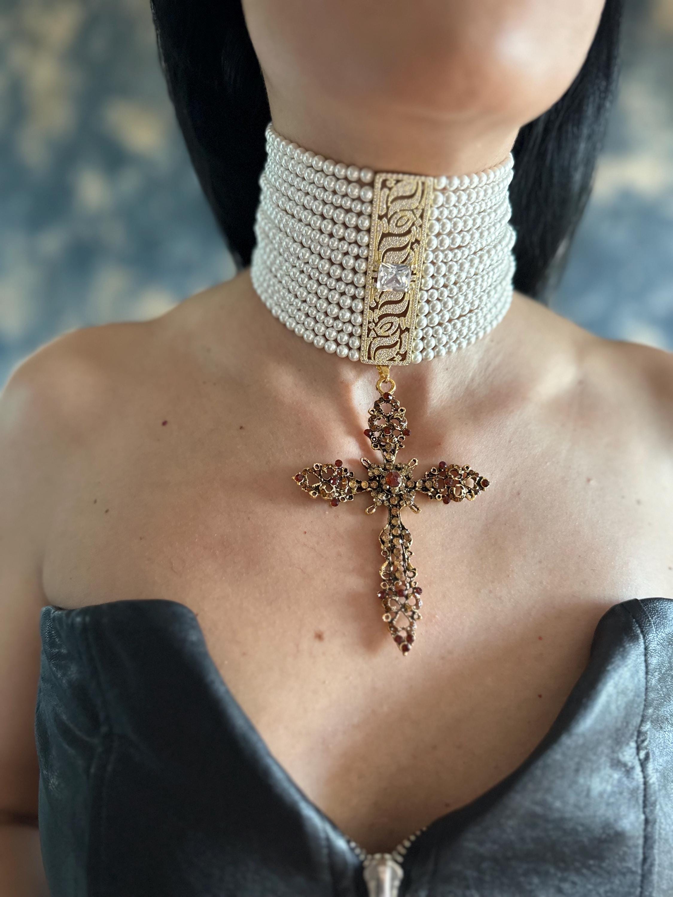 Layered Pearl Choker with Cross Pendant Gothic Baroque Statement Necklace Bridal Pearl Jewelry Vintage Ornate Metal Collar Wide Victorian