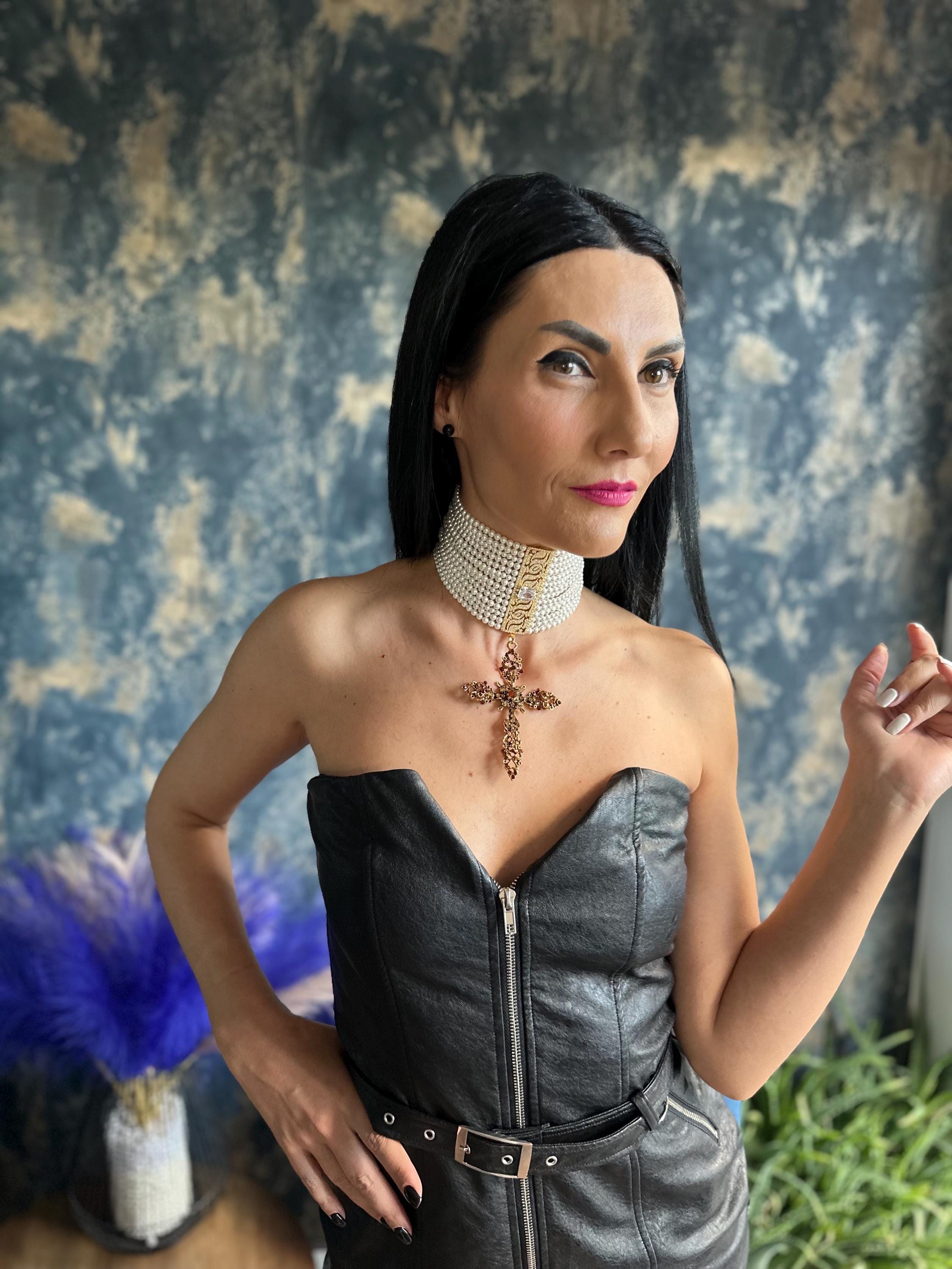 Layered Pearl Choker with Cross Pendant Gothic Baroque Statement Necklace Bridal Pearl Jewelry Vintage Ornate Metal Collar Wide Victorian