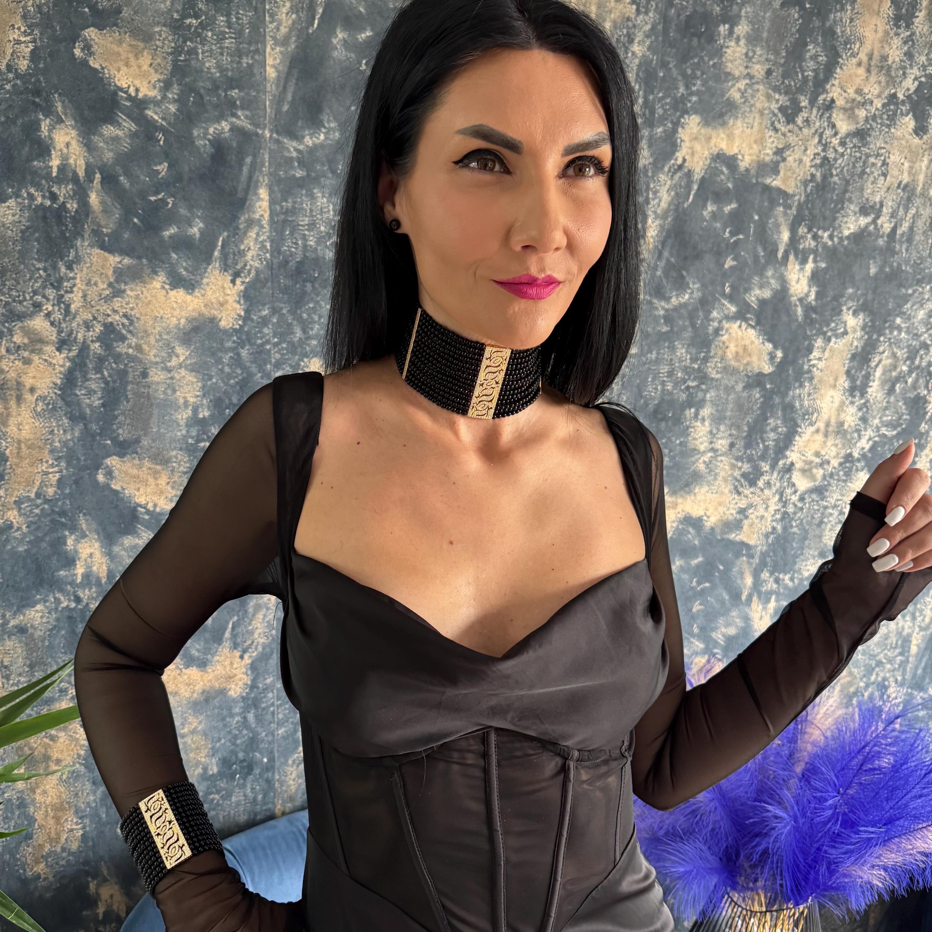 Elegant Formal Necklace Wide Black Choker Agate Beads Material Gold Accent Design Statement Piece Jewelry Gothic Style Influence Custom Length Option Unique Artisan Creation Special Event Accessory Adjustable Size Range Handmade Quality