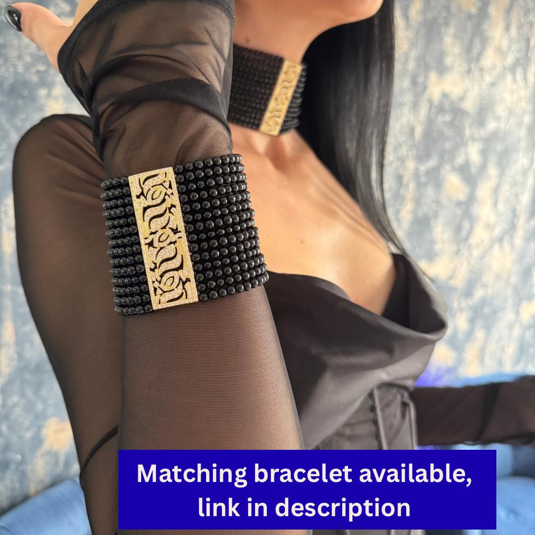 Elegant Statement Collar Black Agate Choker Luxury Neck Adornment Gothic Cross Design Gold Plated Centerpiece Premium Jewelry Collection Handmade Crystal Details Zircon Accents Adjustable Length Options Secure Fastening Mechanism Evening