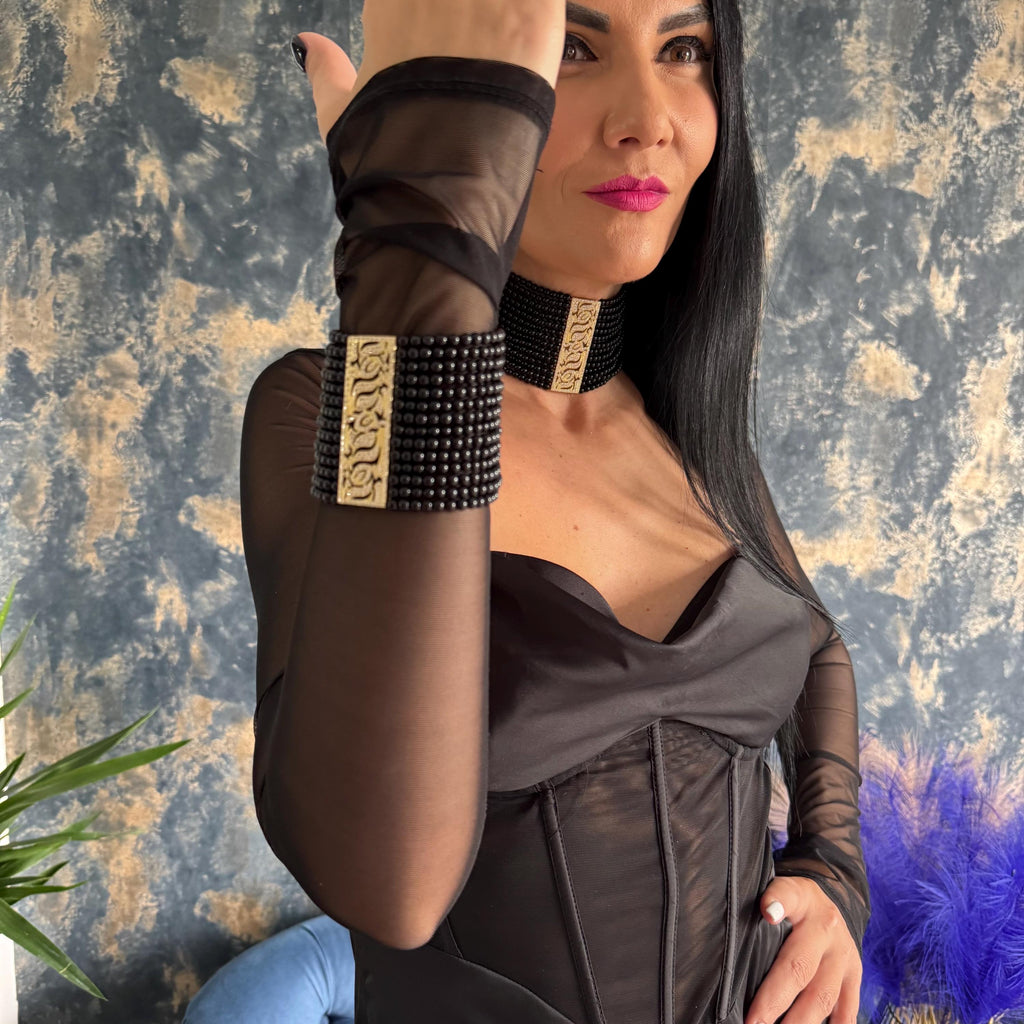 Wide Cuff Bracelet Black Agate Beaded Jewelry Statement Piece Luxury Accessory Elegant Wrist Design Multiple Strands Gemstone Creation Zircon Centerpiece Detail Gold Platinum Plated Options Formal Wear Evening Events Special Occasion