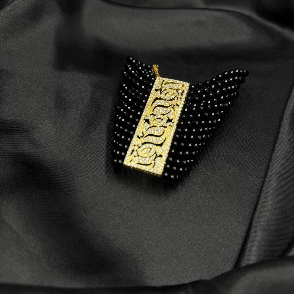 Elegant Statement Bracelet Wide Cuff Design Black Agate Beads Multiple Strands Construction Formal Wear Accessory Special Occasion Jewelry Evening Event Piece Luxury Gemstone Creation Zircon Detail Centerpiece Gold Platinum Options