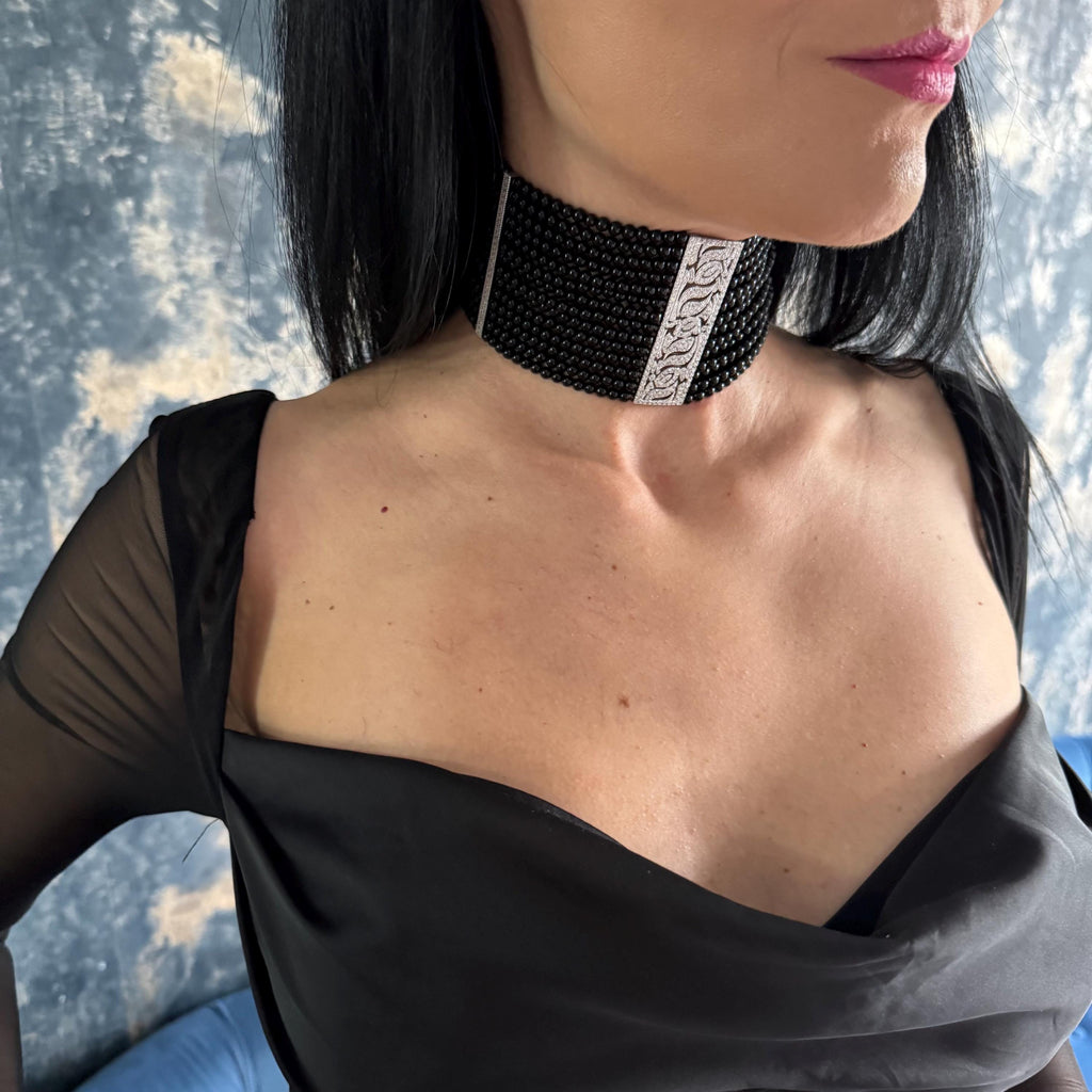 Elegant Black Beaded Choker Necklace Statement Evening Wear Wide Collar Design Luxury Formal Jewelry Silver Accent Strip Handmade Premium Quality Agate Beads Platinum Plated Elements Zircon Center Detail Customizable Length Options Special