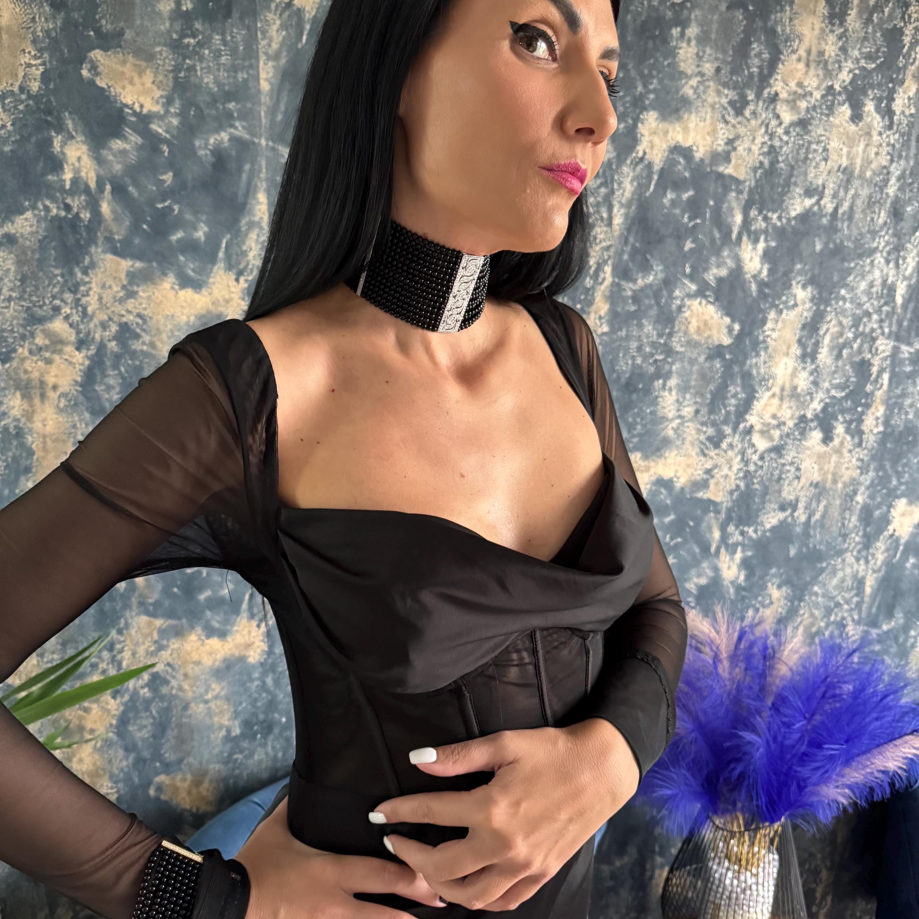 Elegant Black Beaded Choker Necklace Statement Evening Wear Wide Collar Design Luxury Formal Jewelry Silver Accent Strip Handmade Premium Quality Agate Beads Platinum Plated Elements Zircon Center Detail Customizable Length Options Special