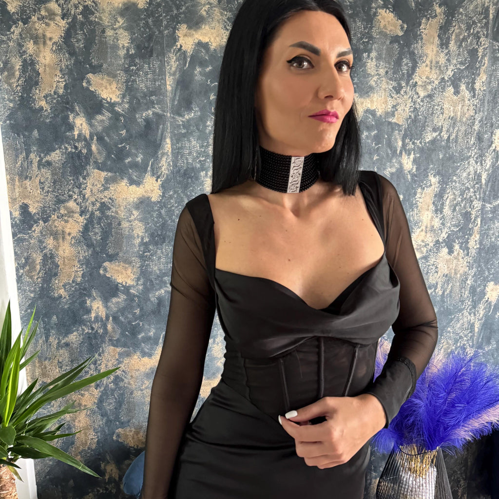 Handmade Black Agate Necklace Premium Beaded Choker Wide Statement Collar Customizable Length Design Platinum Plated Accents Zircon Center Detail Luxury Evening Wear Formal Event Jewelry Special Occasion Gift Elegant Accessory Collection