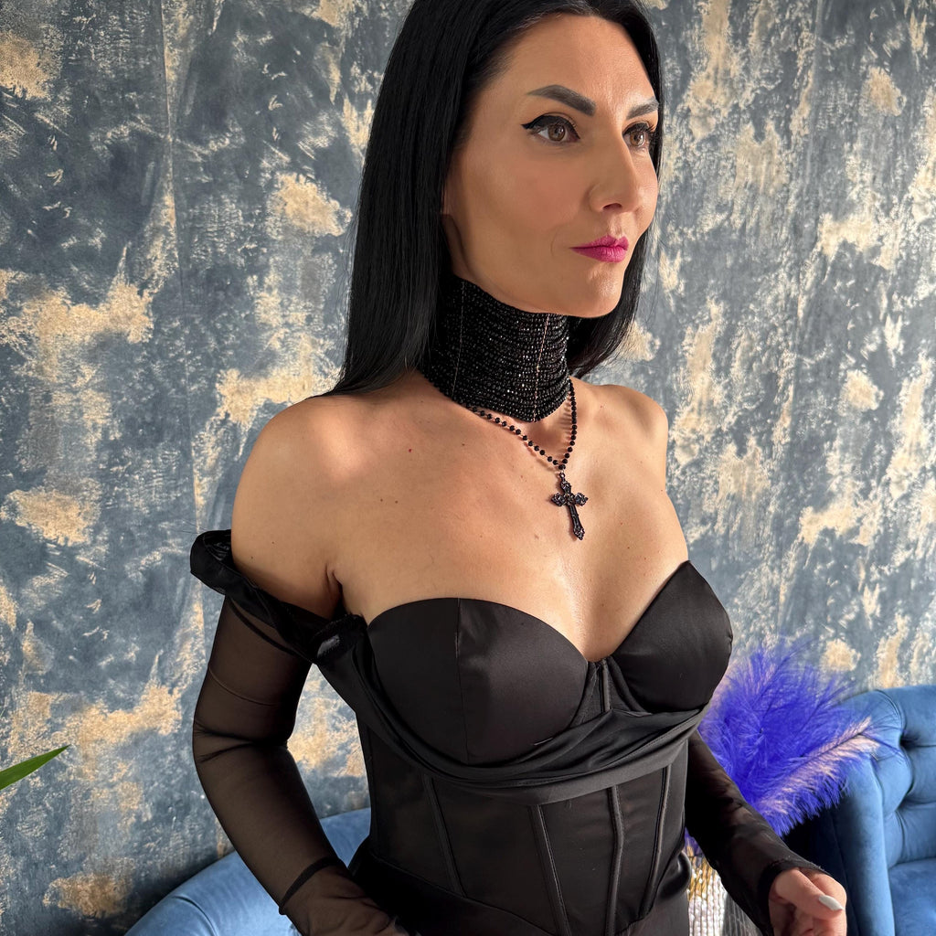 Alternative Fashion Necklace Black Gothic Choker Design Statement Jewelry Cross Pendant Feature Rosary Chain Detail Multiple Row Construction Faceted Glass Beads Elegant Collar Style Dark Fashion Accessory Victorian Inspired Elements Luxury