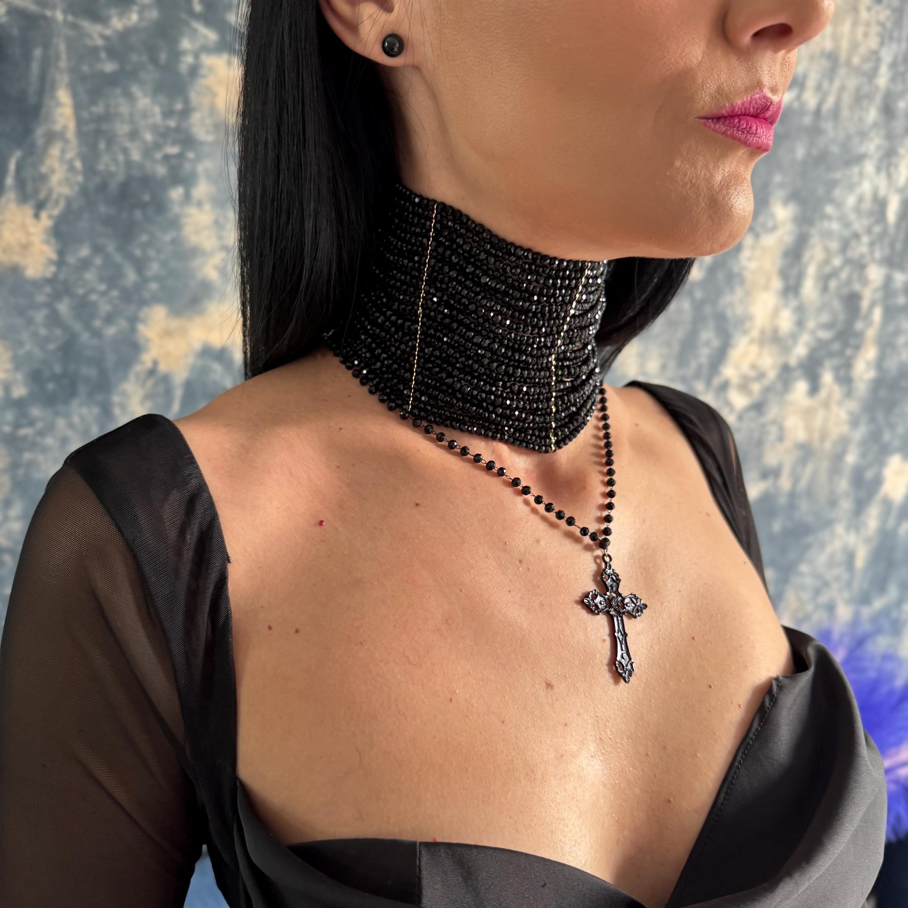 Black Gothic Choker Necklace Design Statement Cross Pendant Rosary Chain Style Multiple Rows Faceted Glass Beads Gold Plated Brass Elements Collar Design Elegant Dark Fashion Accessory Alternative Style Jewelry Victorian Inspired Collection