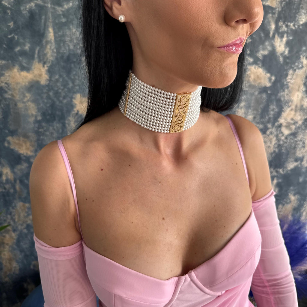 Multi Row Pearl Choker High Quality Shell Pearls Gold Plated Centerpiece Elegant Necklace Design Luxury Statement Jewelry Adjustable Length Feature Formal Event Accessory Wedding Collection Piece Bridal Gift Option Premium Craftsmanship