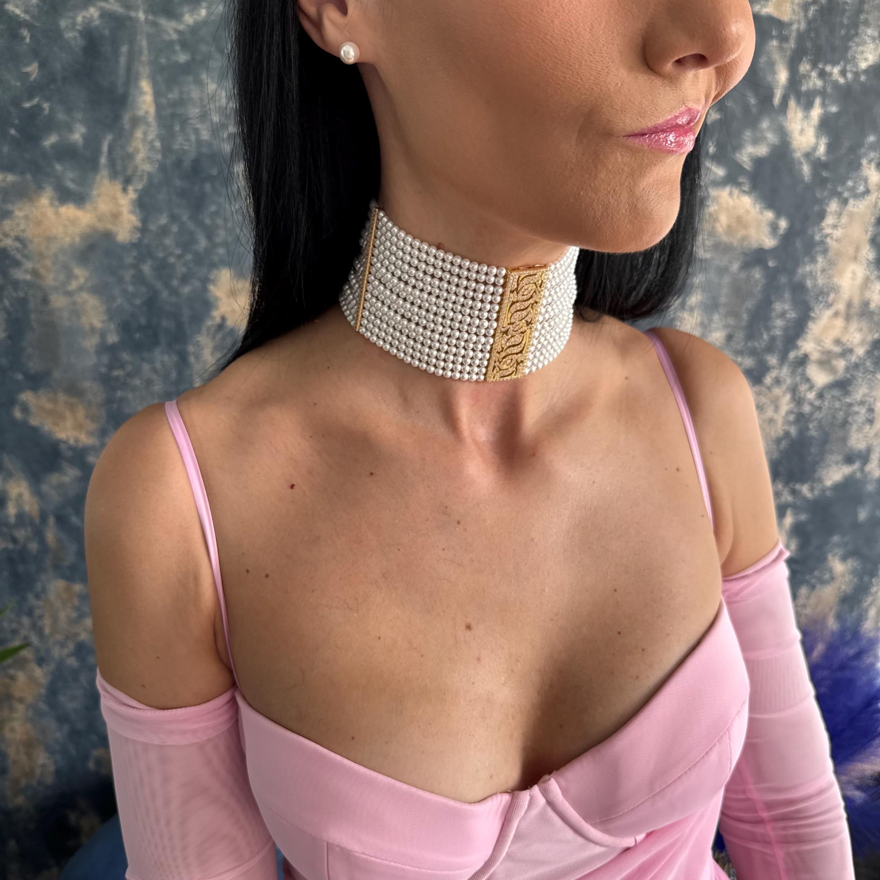 Multi Row Pearl Choker High Quality Shell Pearls Gold Plated Centerpiece Elegant Necklace Design Luxury Statement Jewelry Adjustable Length Feature Formal Event Accessory Wedding Collection Piece Bridal Gift Option Premium Craftsmanship