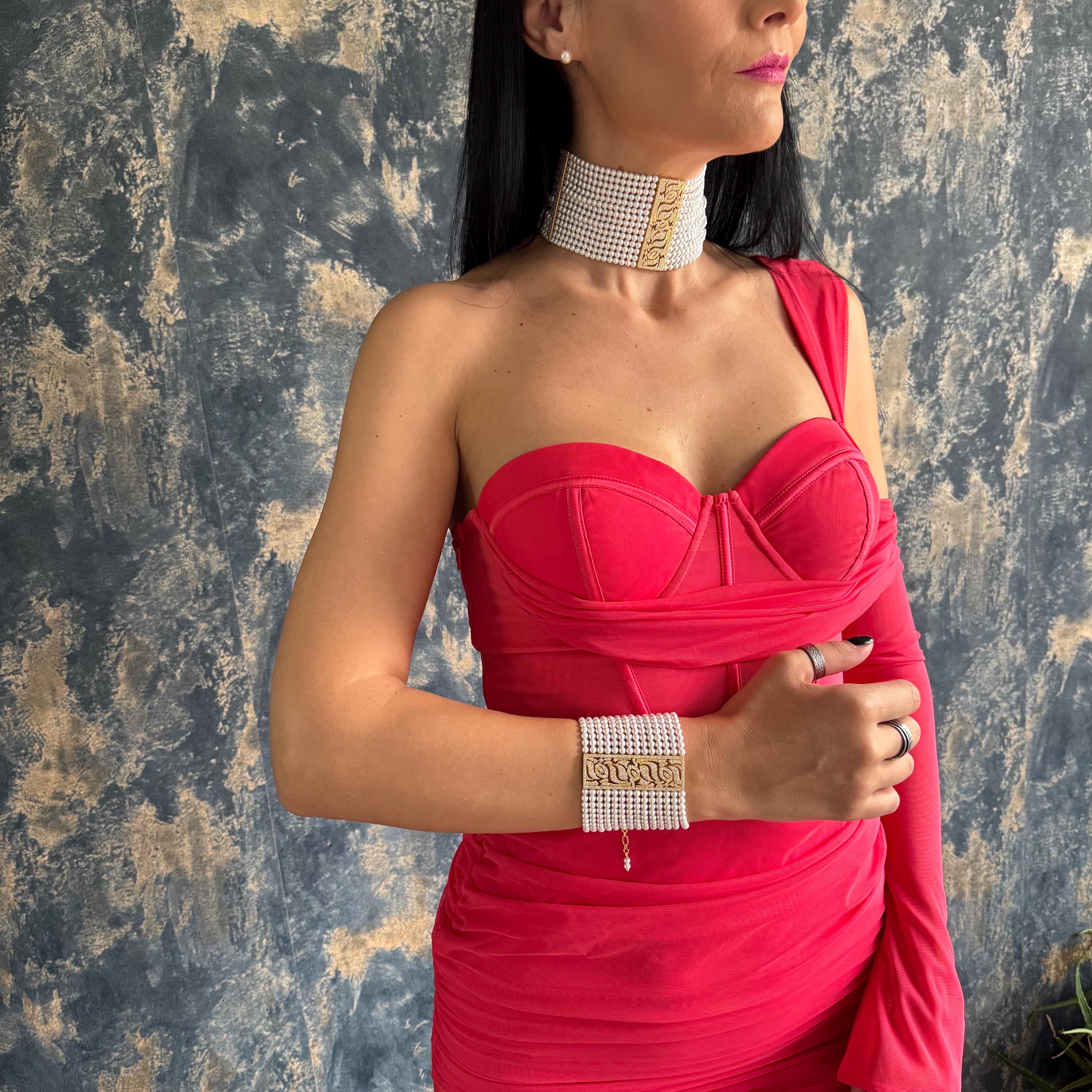 Multi Row Pearl Choker High Quality Shell Pearls Gold Plated Centerpiece Elegant Necklace Design Luxury Statement Jewelry Adjustable Length Feature Formal Event Accessory Wedding Collection Piece Bridal Gift Option Premium Craftsmanship
