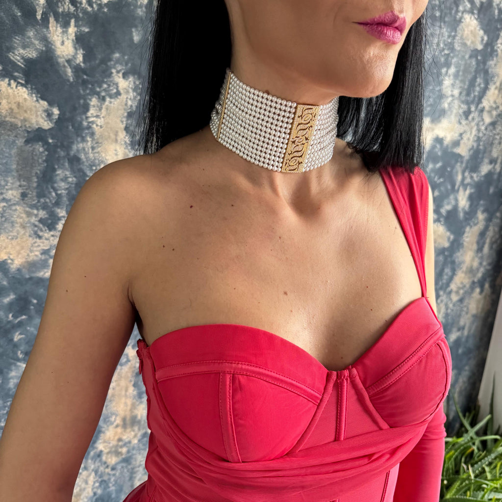 Multi Row Pearl Choker High Quality Shell Pearls Gold Plated Centerpiece Elegant Necklace Design Luxury Statement Jewelry Adjustable Length Feature Formal Event Accessory Wedding Collection Piece Bridal Gift Option Premium Craftsmanship
