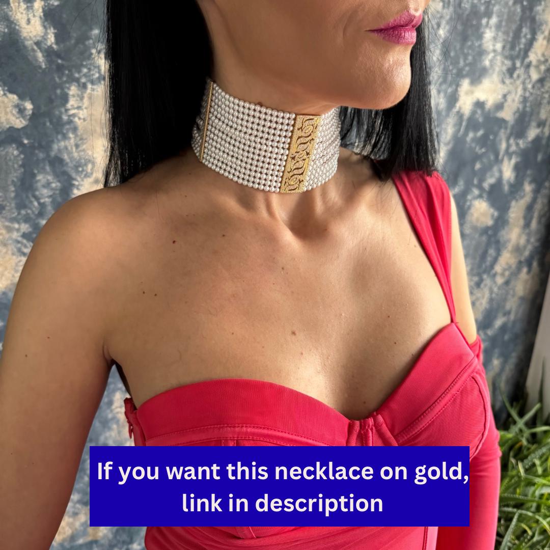 Pearl Choker Necklace Bridal Collection Wedding Day Jewelry Elegant Statement Piece Crystal Rhinestone Details Multi Strand Design Shell Pearls Platinum Plated Brass Customizable Length Formal Event Accessory Luxury Handcrafted Quality
