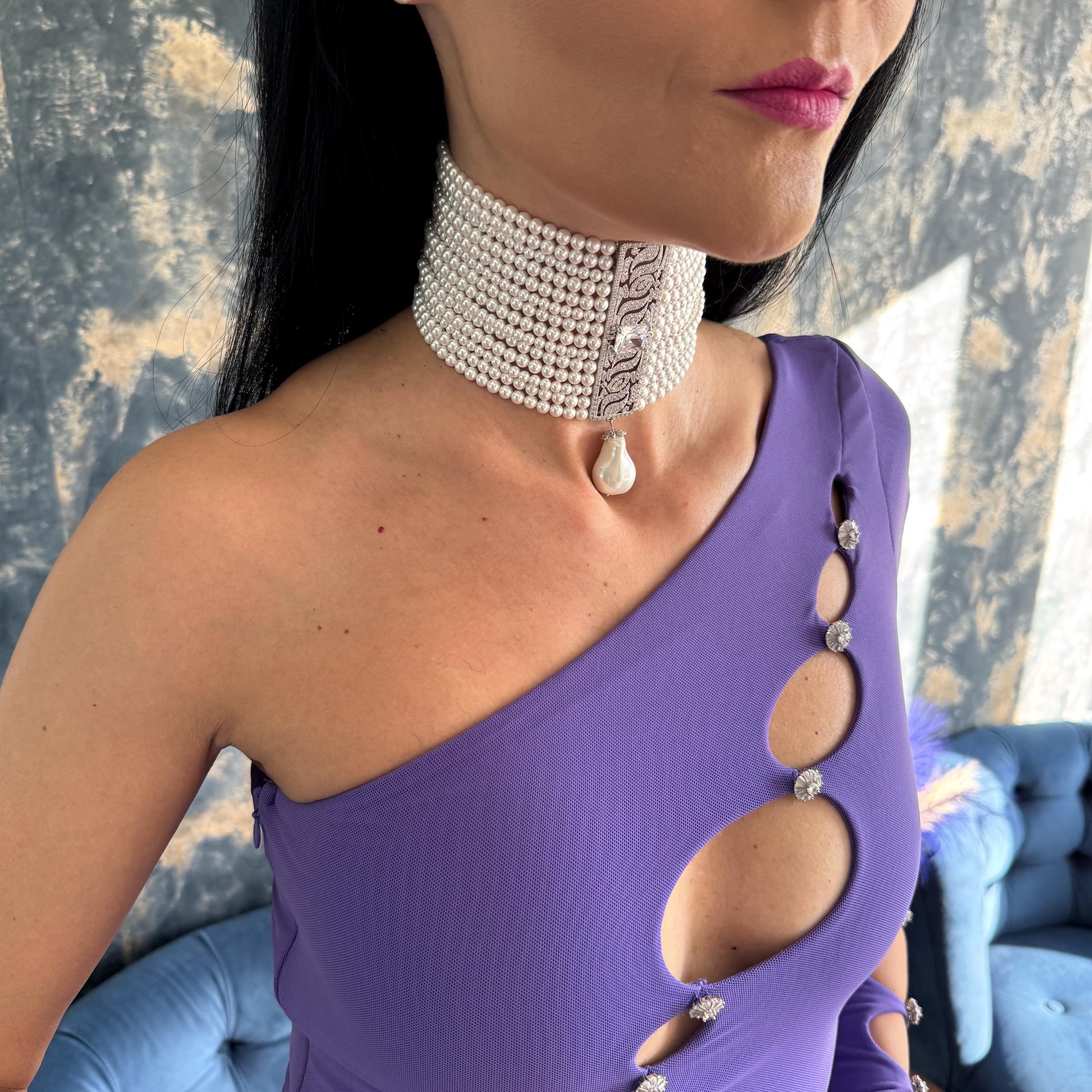Luxury Pearl Jewelry Wide Choker Necklace Statement Piece Design Multiple Strand Construction Shell Pearl Elements Teardrop Pendant Feature Zircon Detailed Centerpiece Wedding Celebration Accessory Formal Occasion Jewelry Special Event