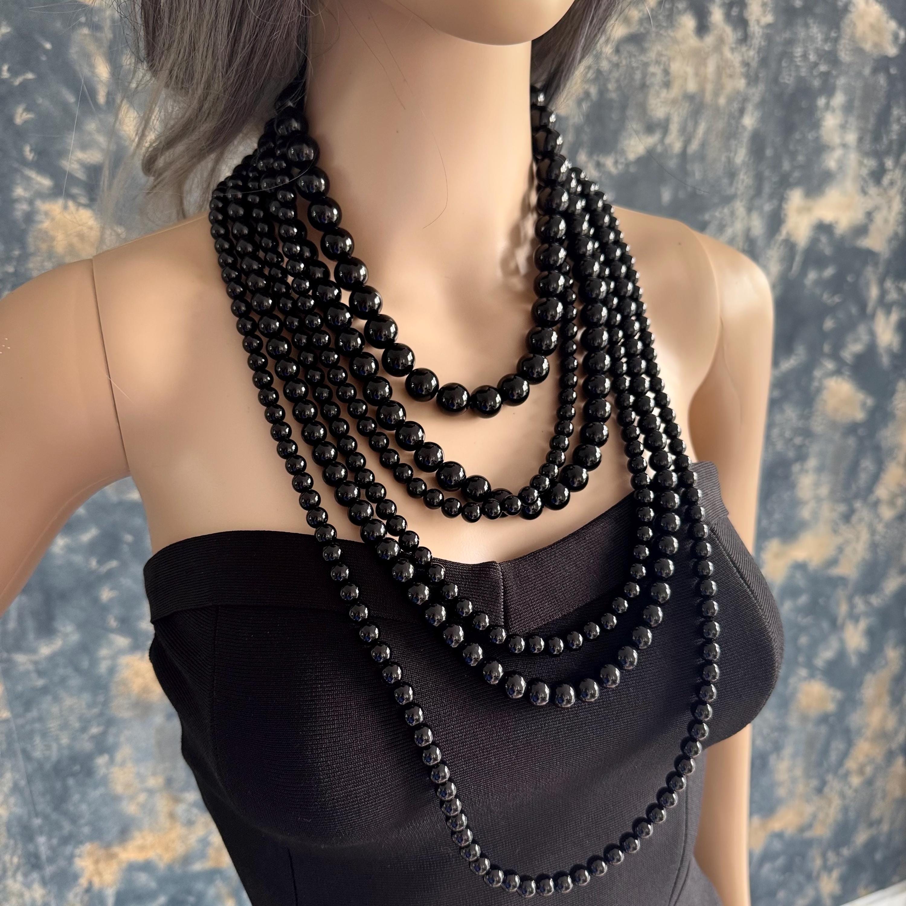 Oversized Agate Beads Black Statement Necklace Multilayer Cascade Design Chunky Jewelry Piece Gold Clasp Finish Elegant Evening Accessory Timeless Fashion Statement Bold Style Creator Office Wear Essential Versatile Wardrobe Addition Luxury