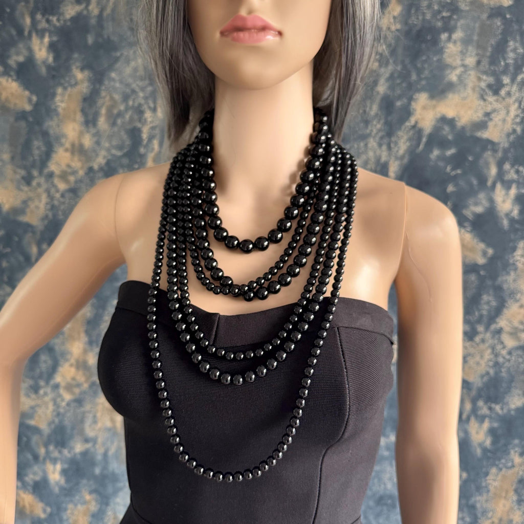 Layered Black Necklace Agate Bead Collection Statement Jewelry Piece Timeless Design Element Chunky Style Creator Cascade Multilayer Construction Gold Clasp Accent Elegant Costume Jewellery Perfect Gift Idea Special Occasion Accessory