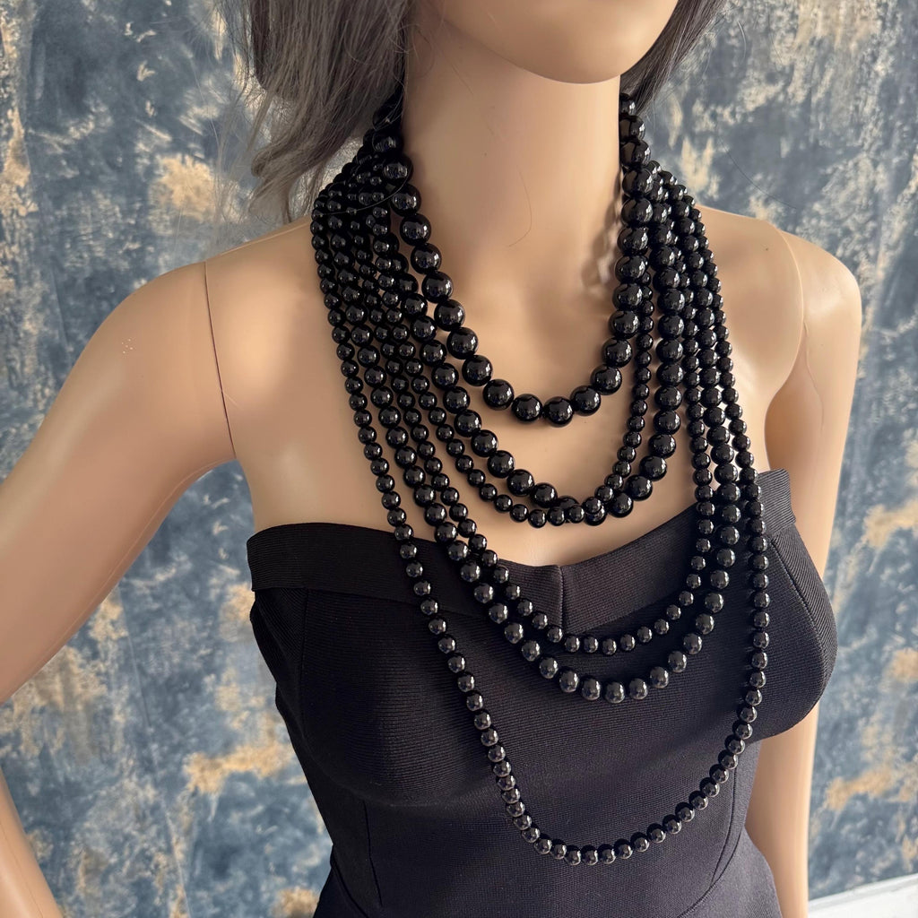 Black Agate Necklace Layered Statement Jewelry Piece Timeless Design Chunky Bead Cascade Multilayer Gold Clasp Elegant Costume Jewellery