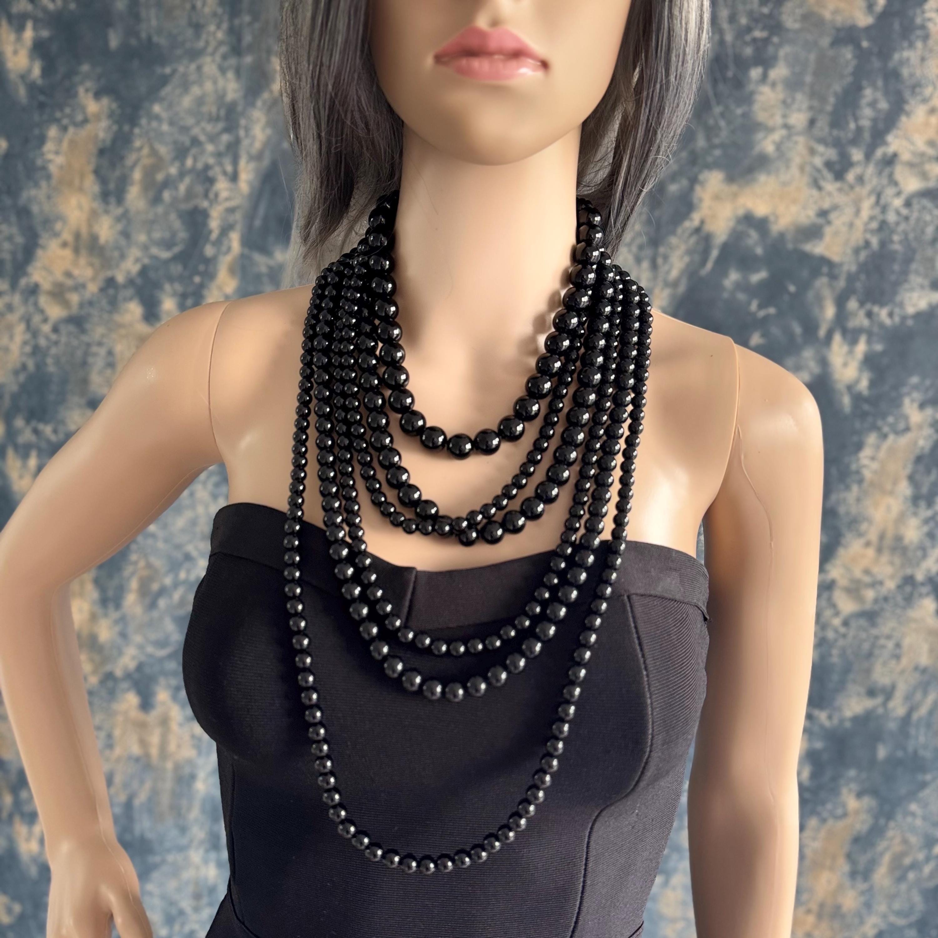 Black Agate Necklace Layered Statement Jewelry Piece Timeless Design Chunky Bead Cascade Multilayer Gold Clasp Elegant Costume Jewellery