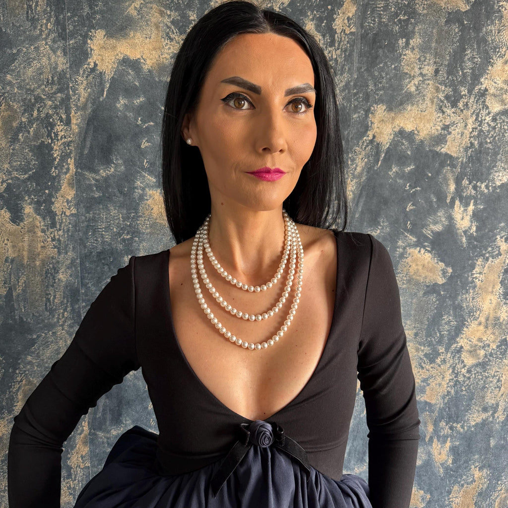 Vintage Style Pearl Set Layered Cascade Necklace Elegant Earring Collection Wedding Day Jewelry Formal Event Accessory Gold Strand Design Multi Layer Construction Classic Timeless Appeal Glamorous Look Beautiful Bridal Set Perfect Gift Idea