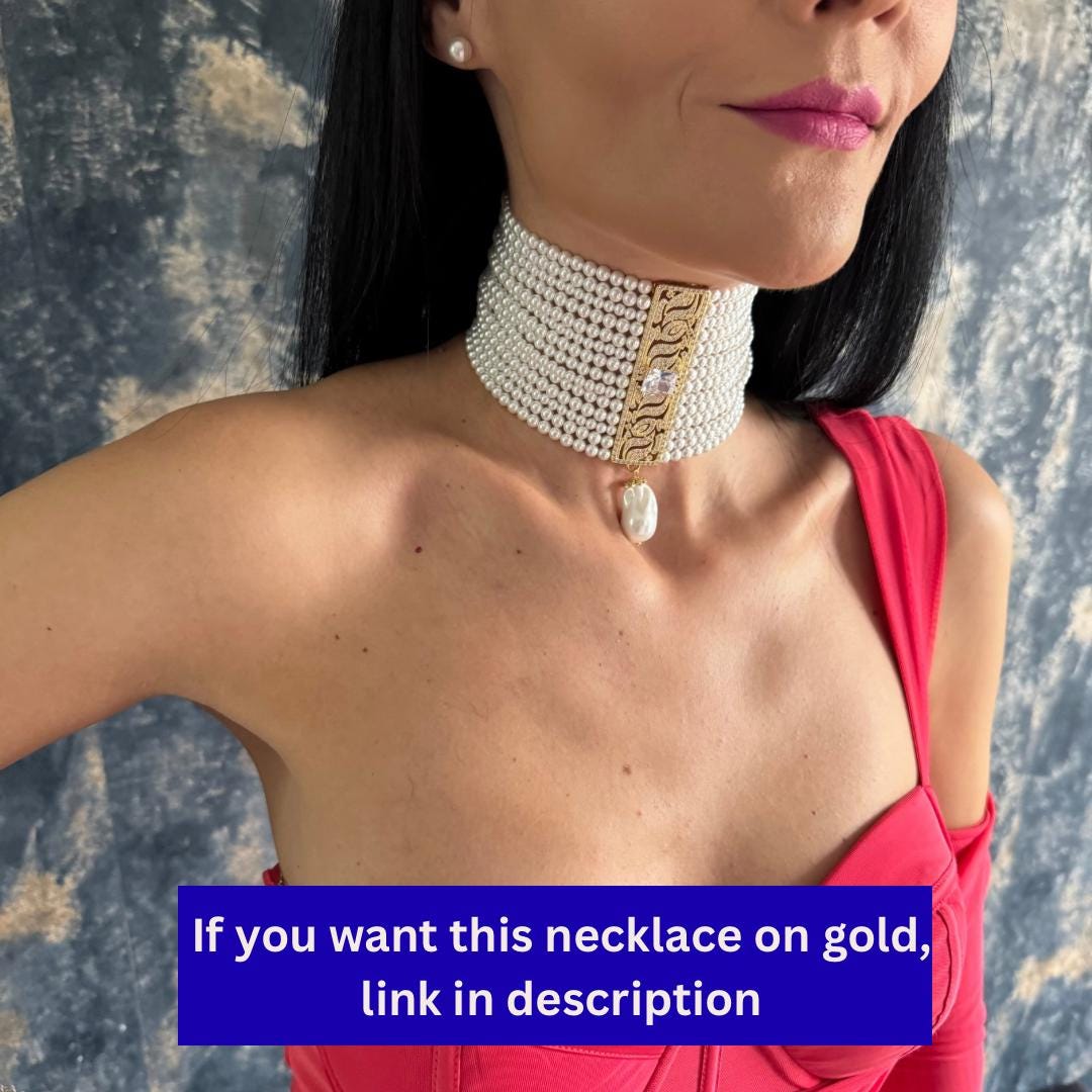 Luxury Pearl Jewelry Wide Choker Necklace Statement Piece Design Multiple Strand Construction Shell Pearl Elements Teardrop Pendant Feature Zircon Detailed Centerpiece Wedding Celebration Accessory Formal Occasion Jewelry Special Event