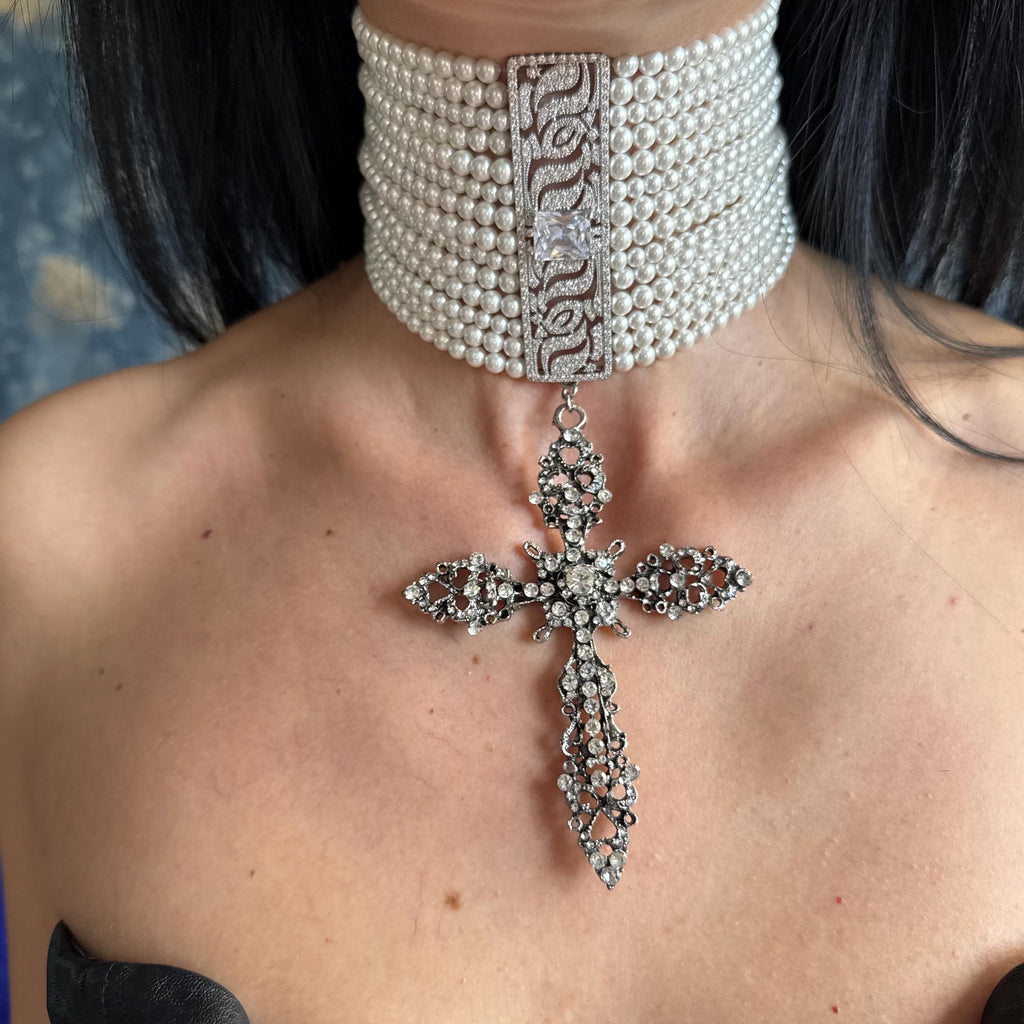 Pearl Cross Necklace Rhinestone Choker Multi Strand Design Statement Jewelry Piece Wedding Ceremony Accessory Elegant Fashion Collection Customizable Length Option Premium Shell Pearls Zircon Embellishments Platinum Plated Finish Gothic