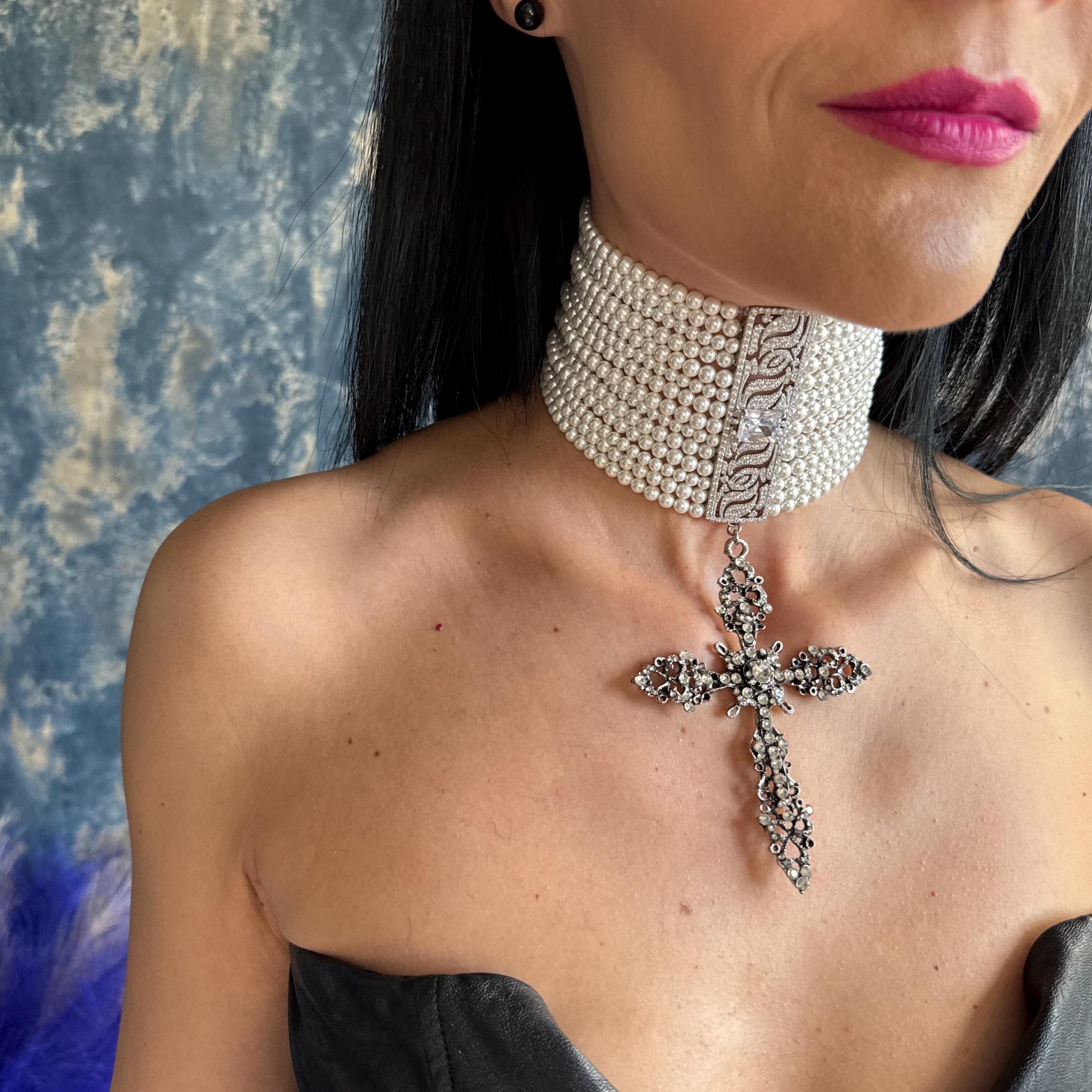 Gothic Cross Pendant Chunky Pearl Choker Victorian Style Necklace Statement Jewelry Collection Multi Strand Design Crystal Embellished Centerpiece Religious Symbol Accessory Premium Quality Construction Customizable Length Option Formal