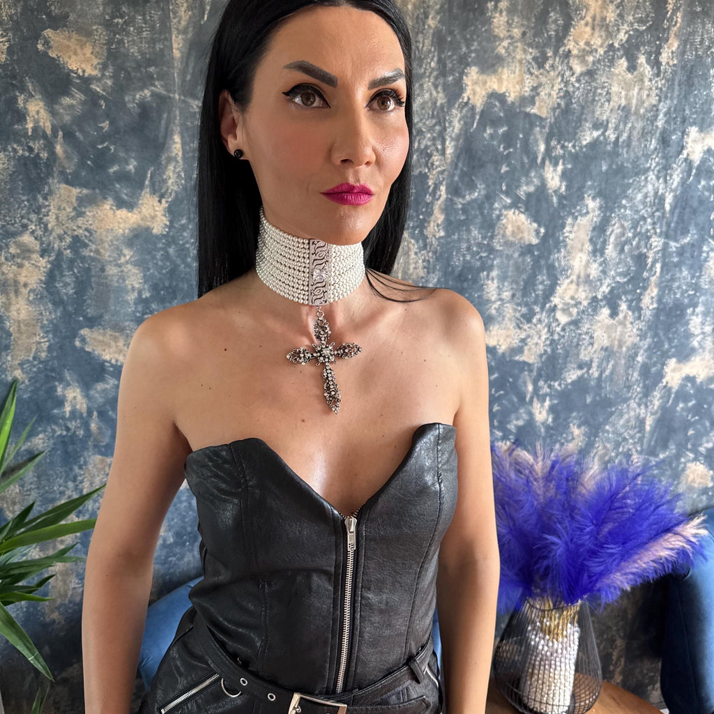 Pearl Cross Necklace Rhinestone Choker Multi Strand Design Statement Jewelry Piece Wedding Ceremony Accessory Elegant Fashion Collection Customizable Length Option Premium Shell Pearls Zircon Embellishments Platinum Plated Finish Gothic