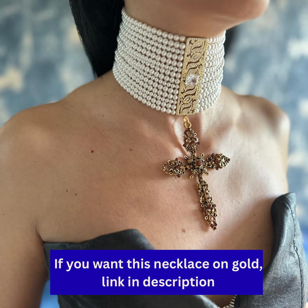 Gothic Cross Pendant Chunky Pearl Choker Victorian Style Necklace Statement Jewelry Collection Multi Strand Design Crystal Embellished Centerpiece Religious Symbol Accessory Premium Quality Construction Customizable Length Option Formal