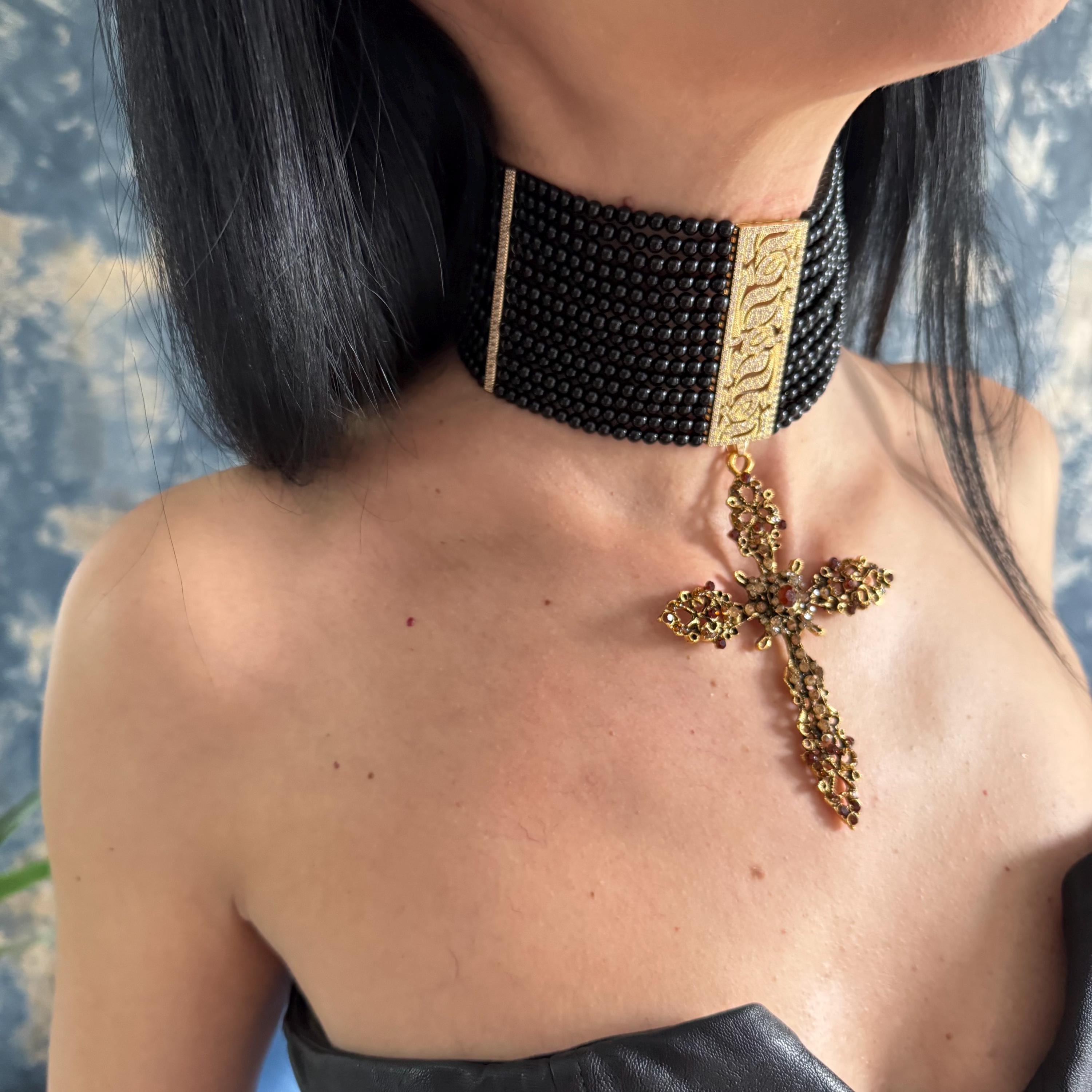 Gothic Cross Pendant Necklace Black Agate Choker Gold Plated Centerpiece Religious Symbol Design Statement Collar Piece Crystal Details Zircon Accents Elegant Neck Adornment Premium Stone Quality Handcrafted Jewelry Item Adjustable Length