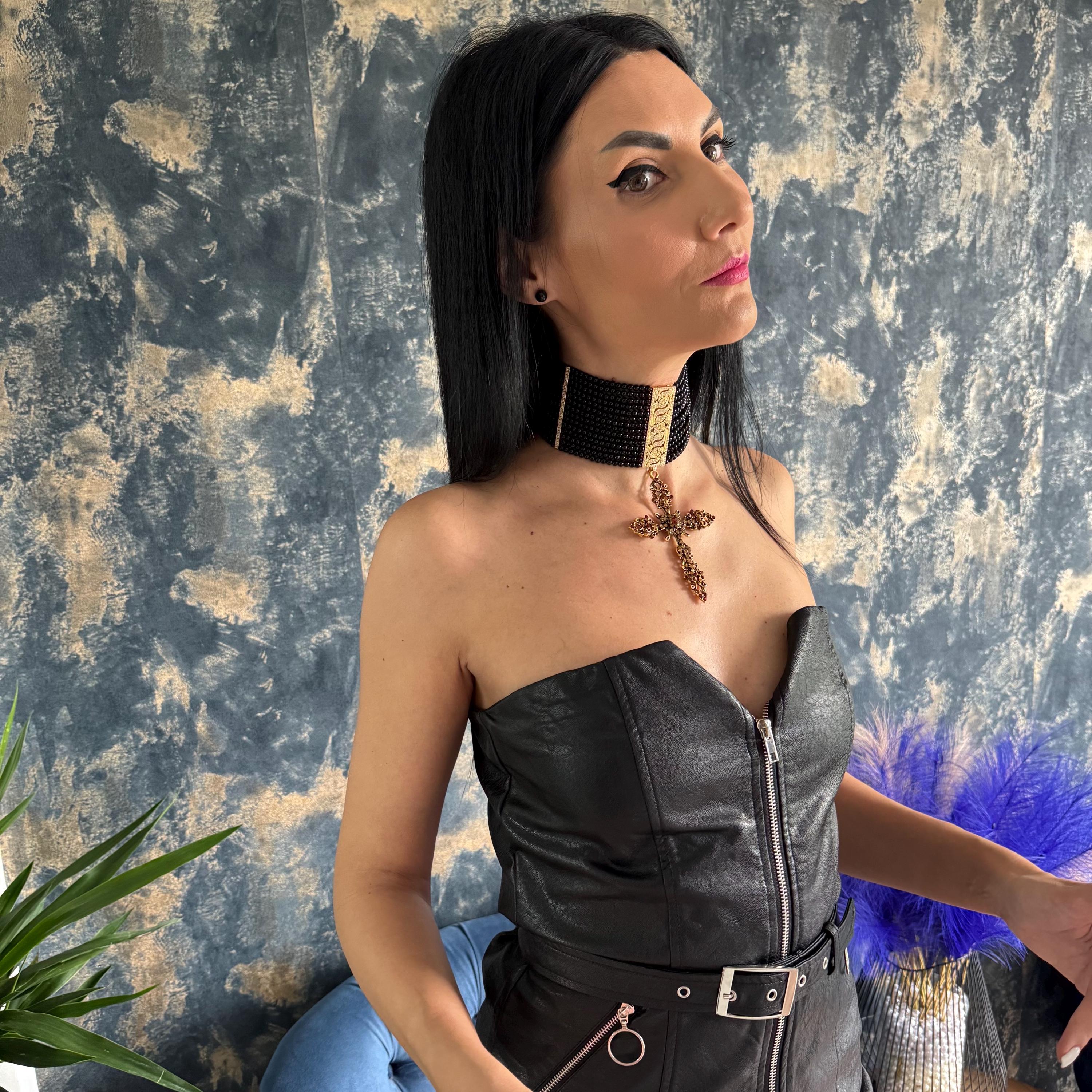 Gothic Cross Pendant Necklace Black Agate Choker Gold Plated Centerpiece Religious Symbol Design Statement Collar Piece Crystal Details Zircon Accents Elegant Neck Adornment Premium Stone Quality Handcrafted Jewelry Item Adjustable Length